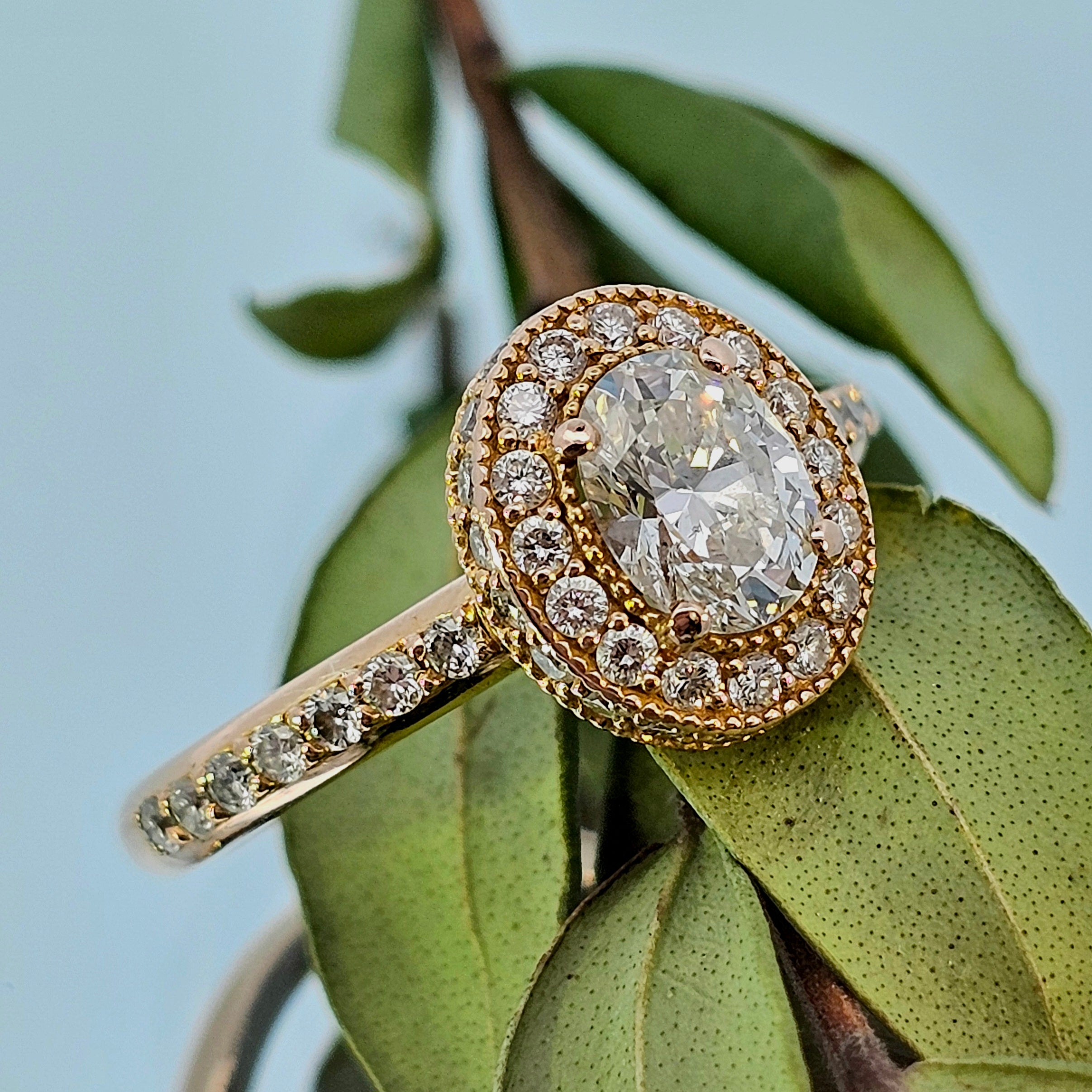 14K Yellow Gold Natural Oval Diamond Halo Engagement Ring