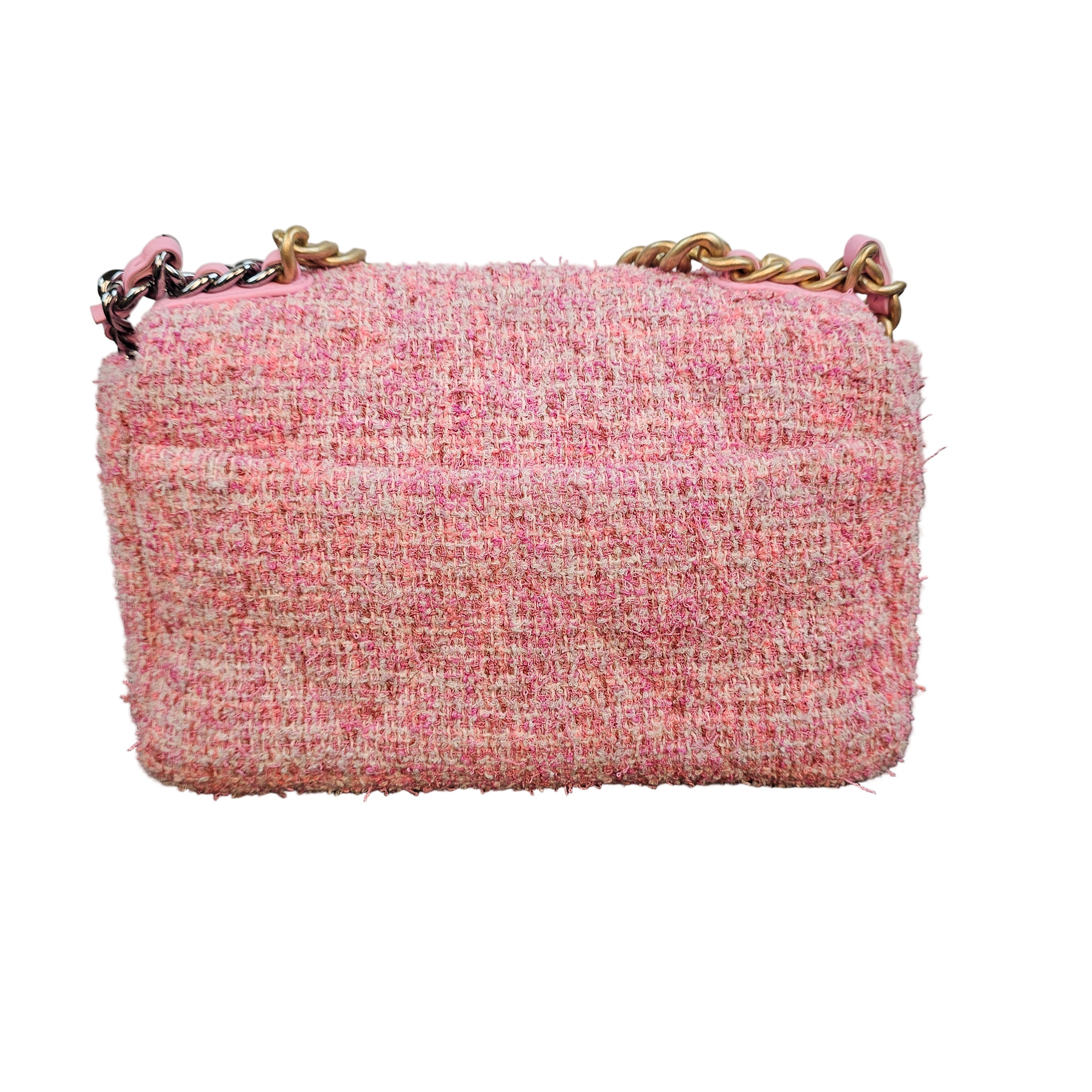 Chanel 19 Pink Tweed Small Flap Bag with Multi-Tone Chain
