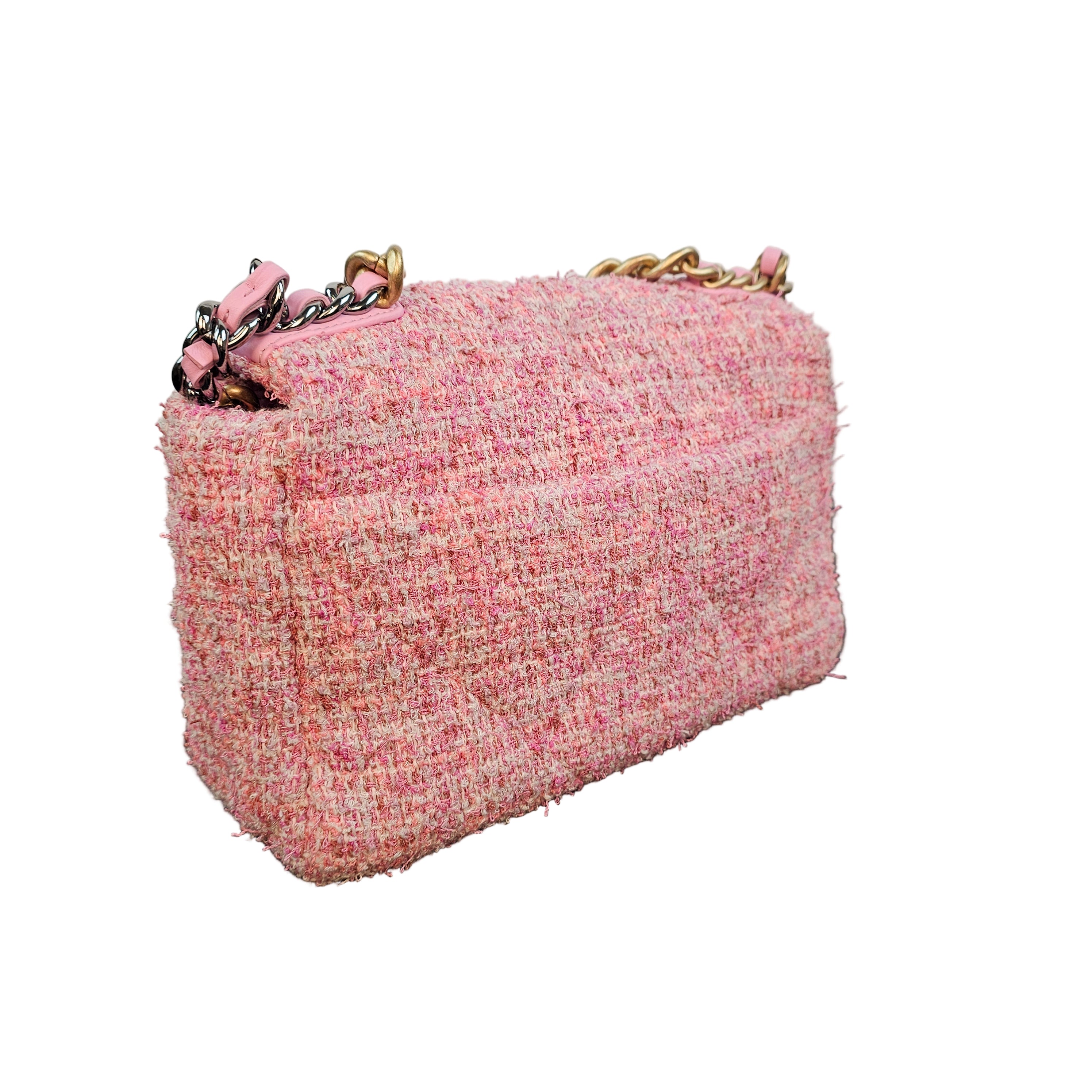 Chanel 19 Pink Tweed Small Flap Bag with Multi-Tone Chain