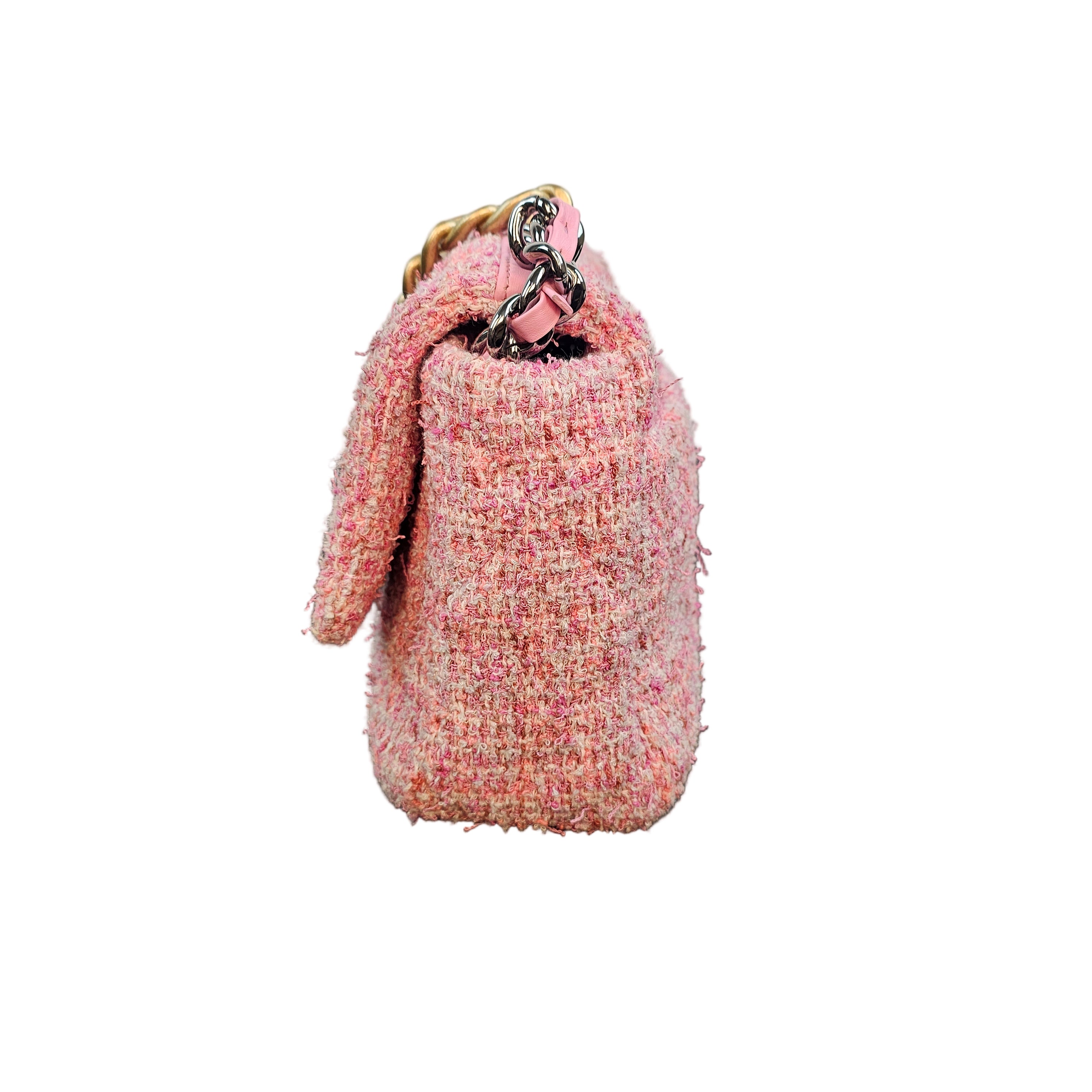 Chanel 19 Pink Tweed Small Flap Bag with Multi-Tone Chain