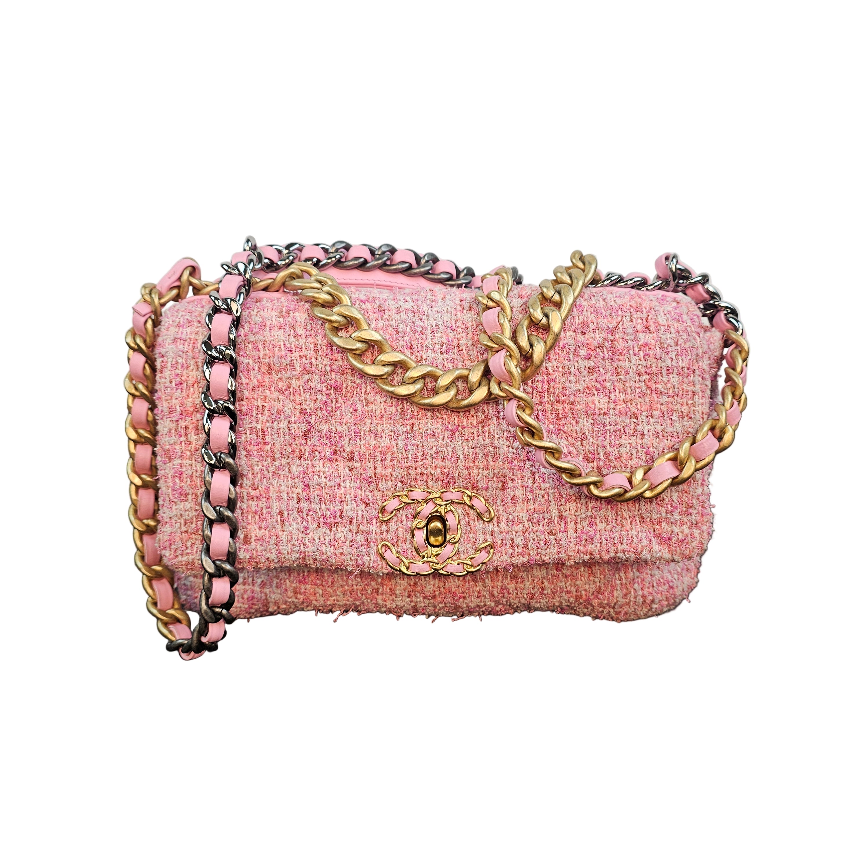 Chanel 19 Pink Tweed Small Flap Bag with Multi-Tone Chain