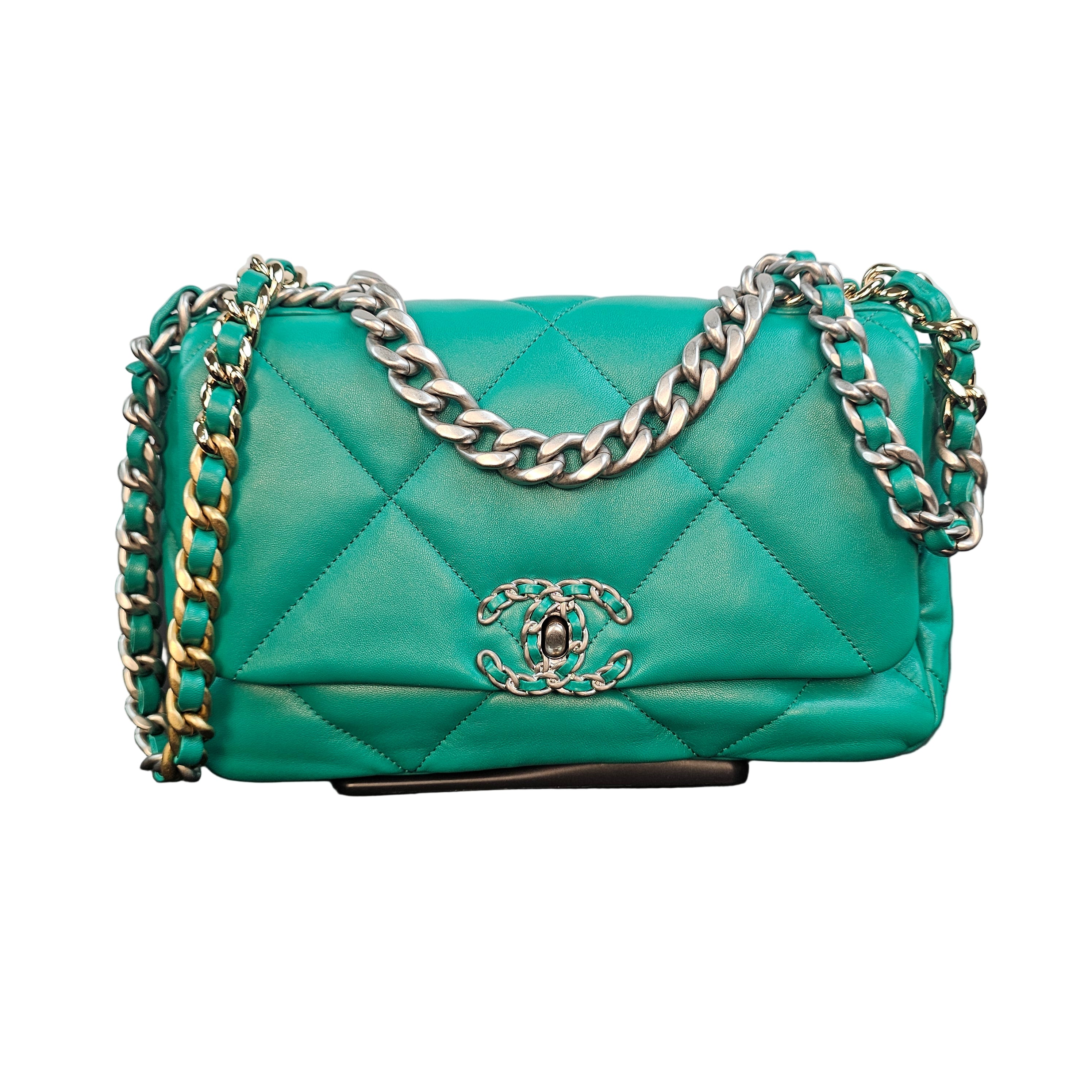 Chanel 19 Green Lambskin Small Flap Bag with Multi-Tone Chain