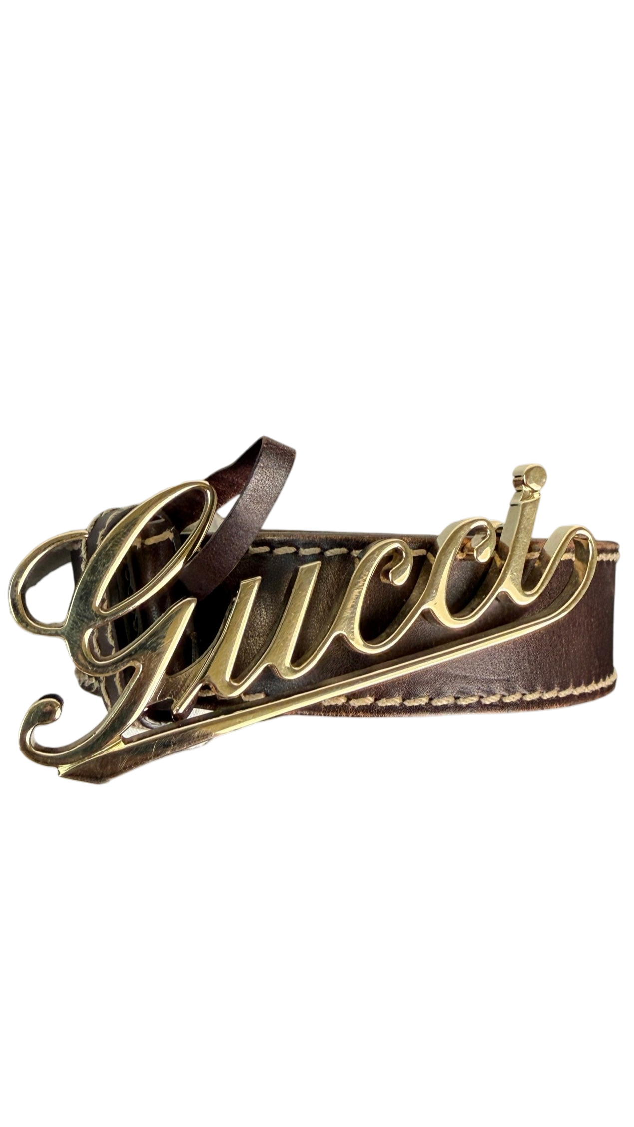 Gucci Leather Belt with Gold Script Logo Buckle