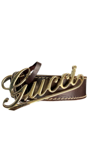 Gucci Leather Belt with Gold Script Logo Buckle