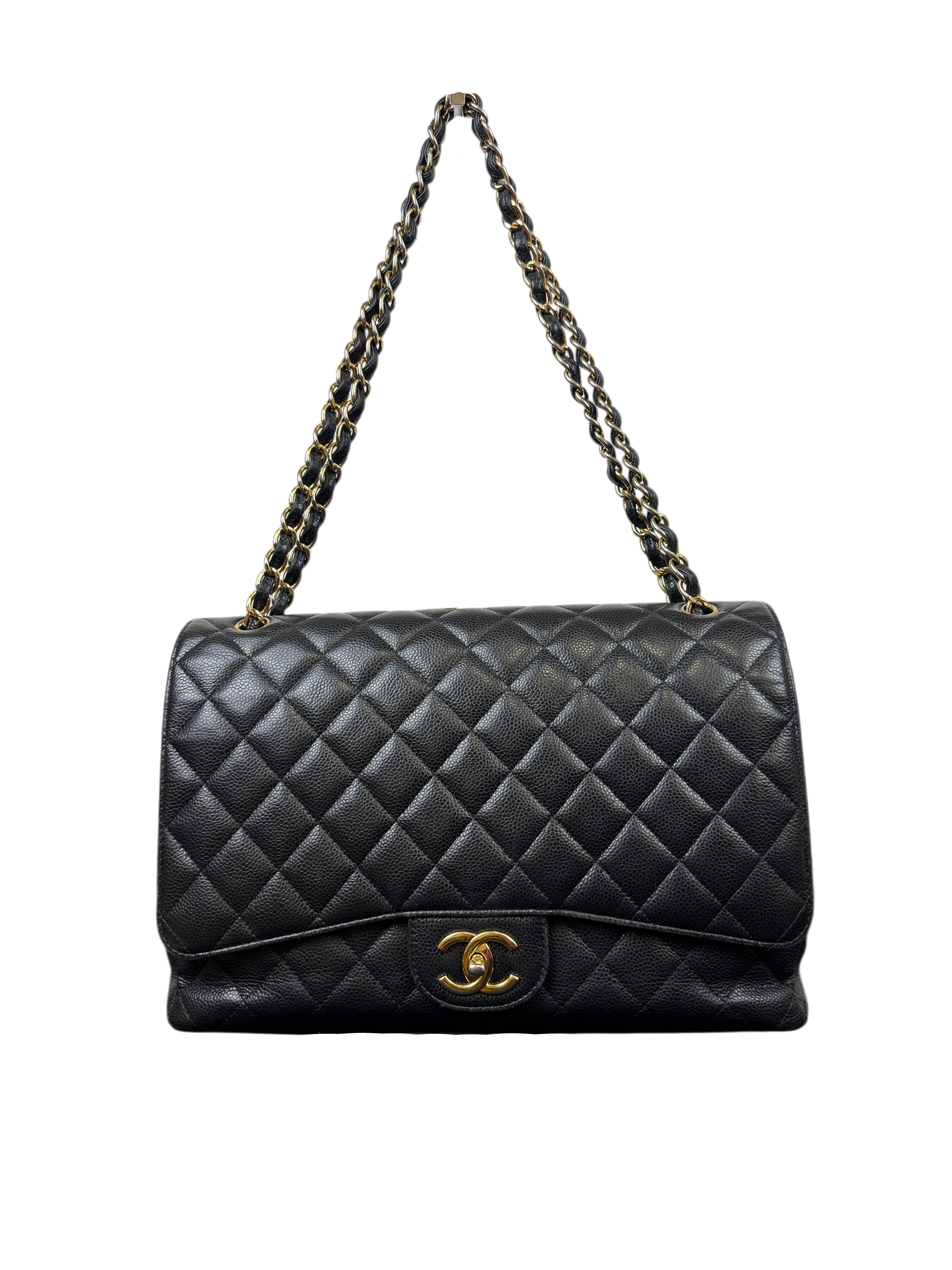 Chanel Black Quilted Caviar Maxi Classic Double Flap Bag with Gold Hardware