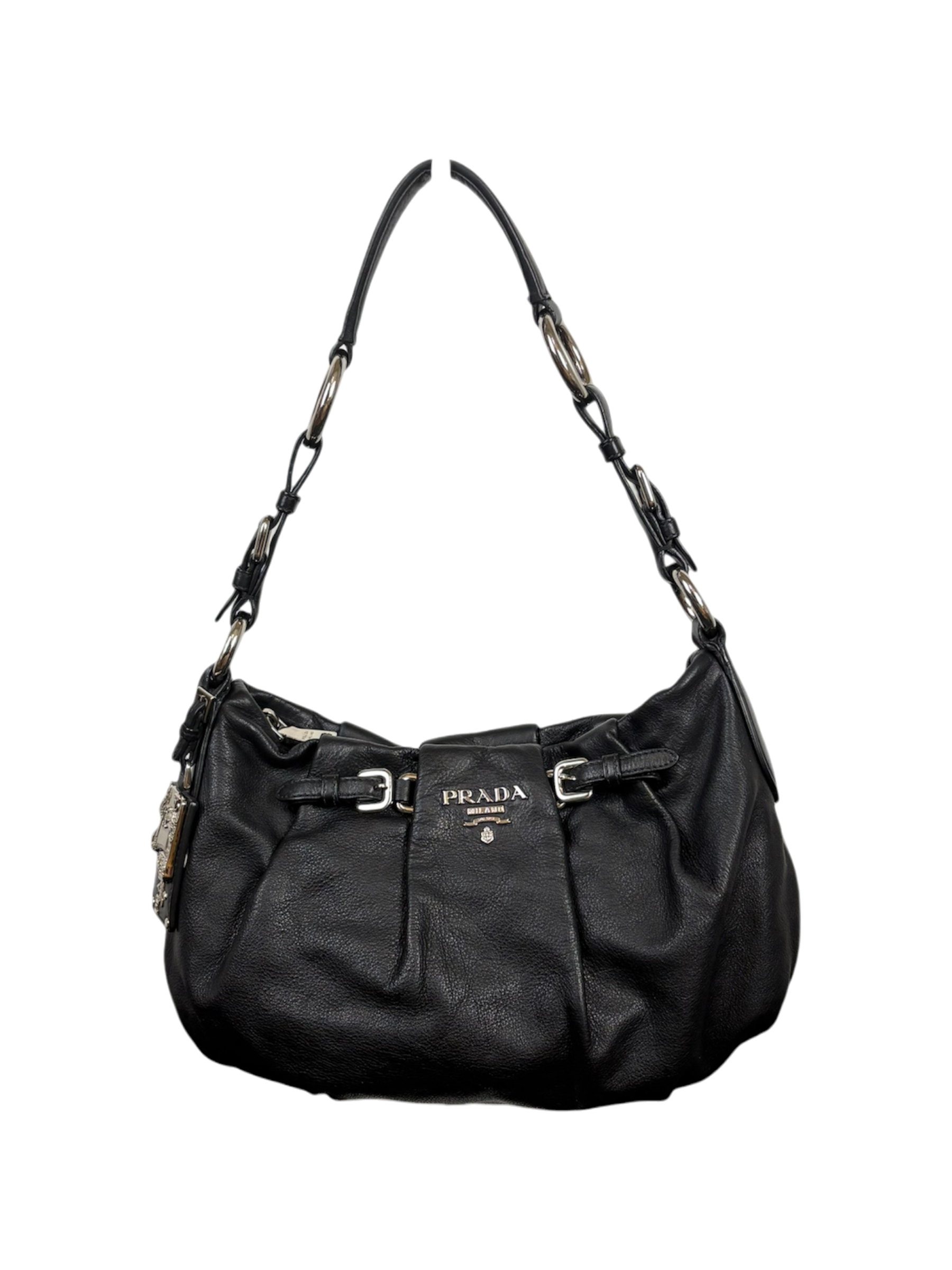 Prada Soft Calfskin Buckle Hobo Bag Black Leather
