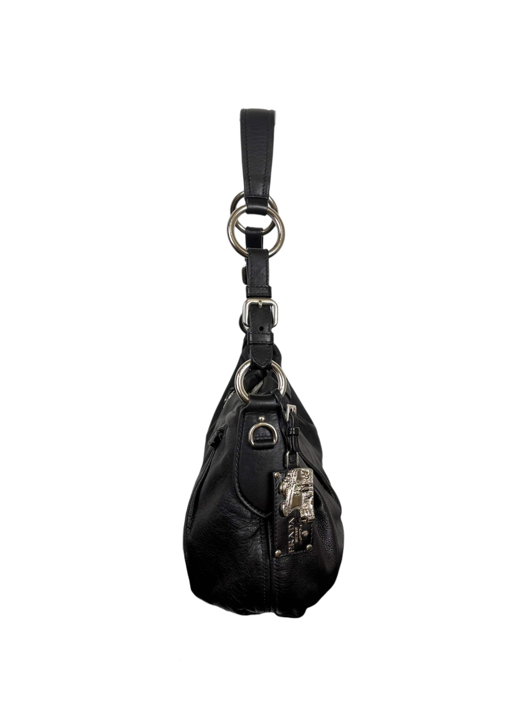 Prada Soft Calfskin Buckle Hobo Bag Black Leather