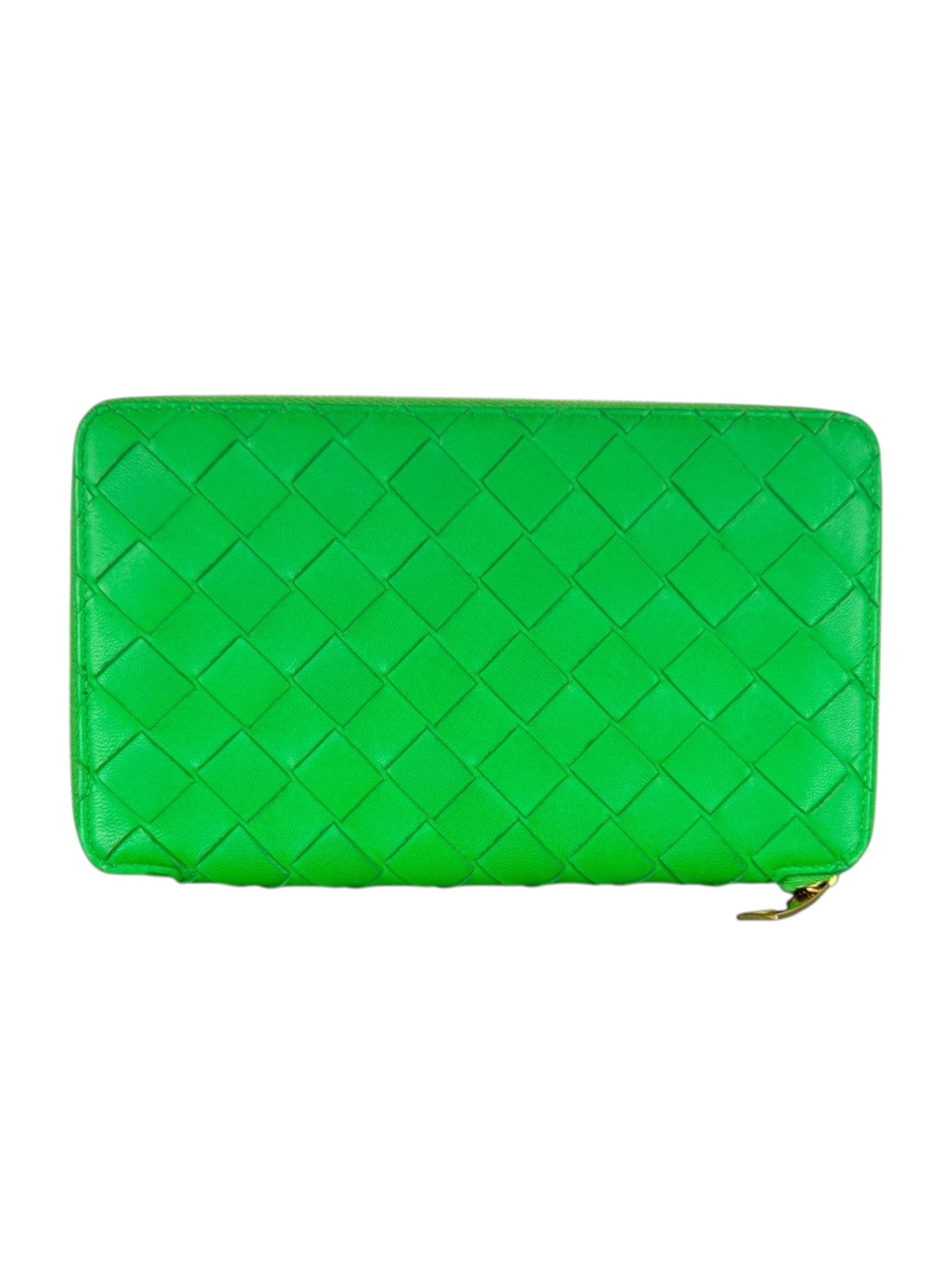 Bottega Veneta Parakeet Green Intrecciato Woven Nappa Leather Zip-Around Wallet