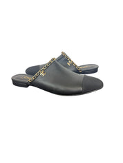 Chanel Black Leather Mules with Gold Chain and CC Logo
