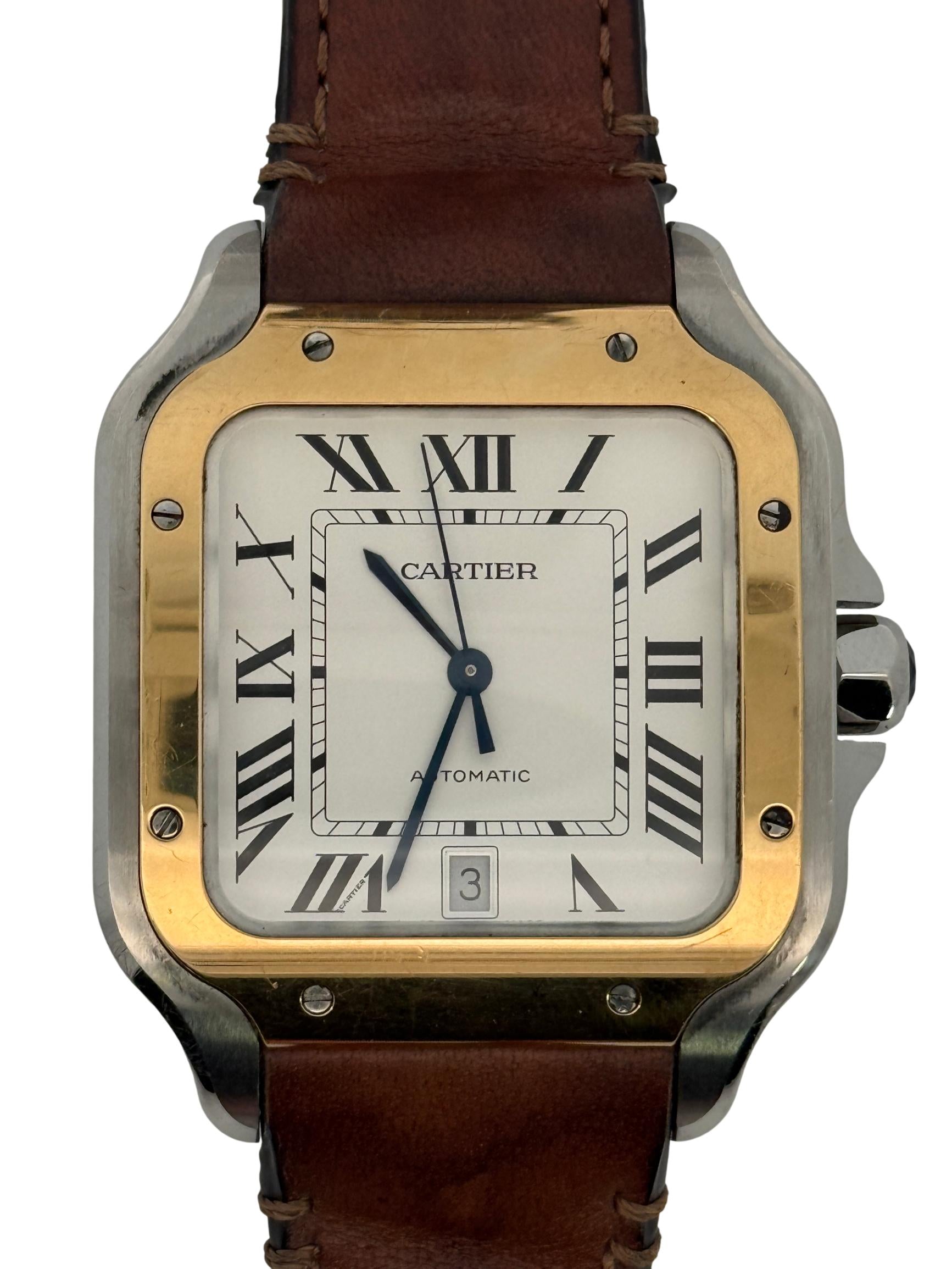 Cartier Santos Automatic Stainless Steel Watch with Custom Brown Epsom Leather Quickswitch Strap, Model 4072 35mm