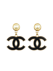 Chanel Pearl Enamel CC Logo Clip-On Drop Earrings
