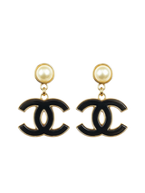 Chanel Pearl Enamel CC Logo Clip-On Drop Earrings