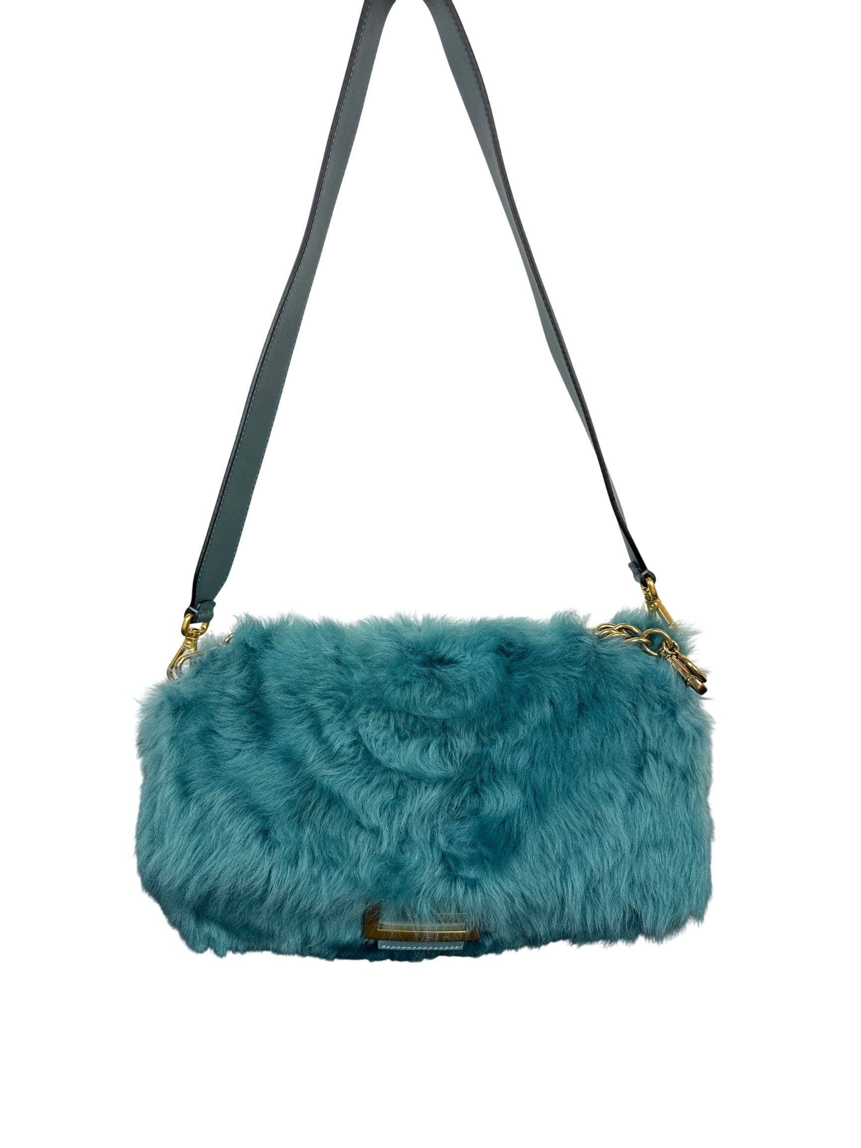 Fendi Baguette Large Shearling Shoulder Bag Blue with Gold Chain