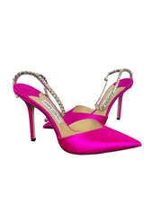 Jimmy Choo Saeda 100 Fuchsia Pink Satin Crystal Embellished Pointed Toe Heels