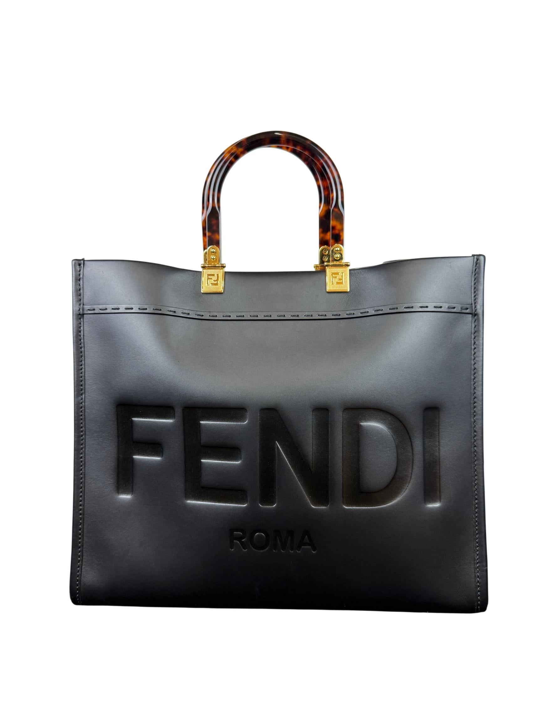 Fendi Sunshine Medium Black Calfskin Leather Tote Bag with Tortoise Shell Handle