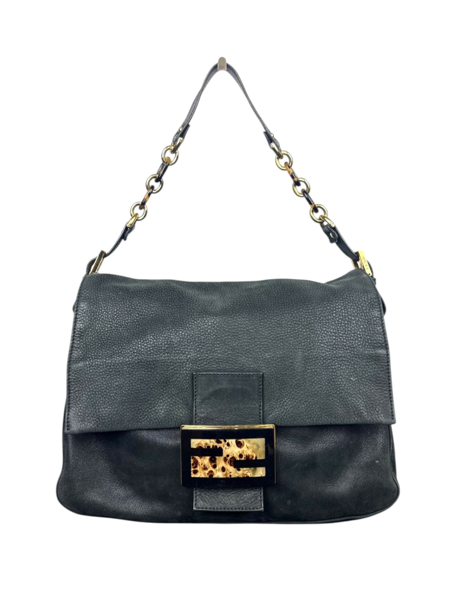 Fendi Black Leather Mamma Baguette Shoulder Bag with Gold Hardware