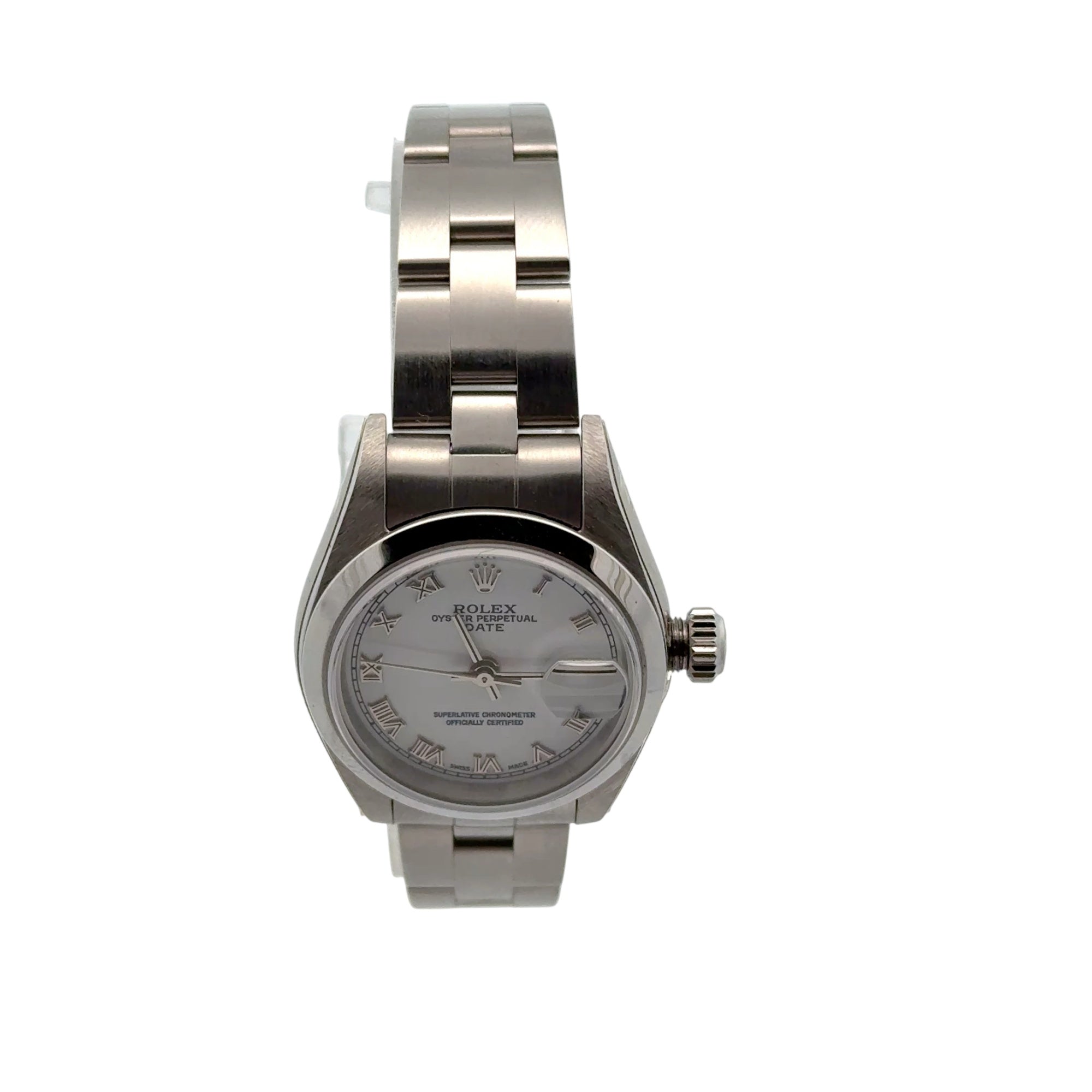 Rolex Oyster Perpetual Date 26 MM Silver Roman Dial Watch Stainless Steel White Dial