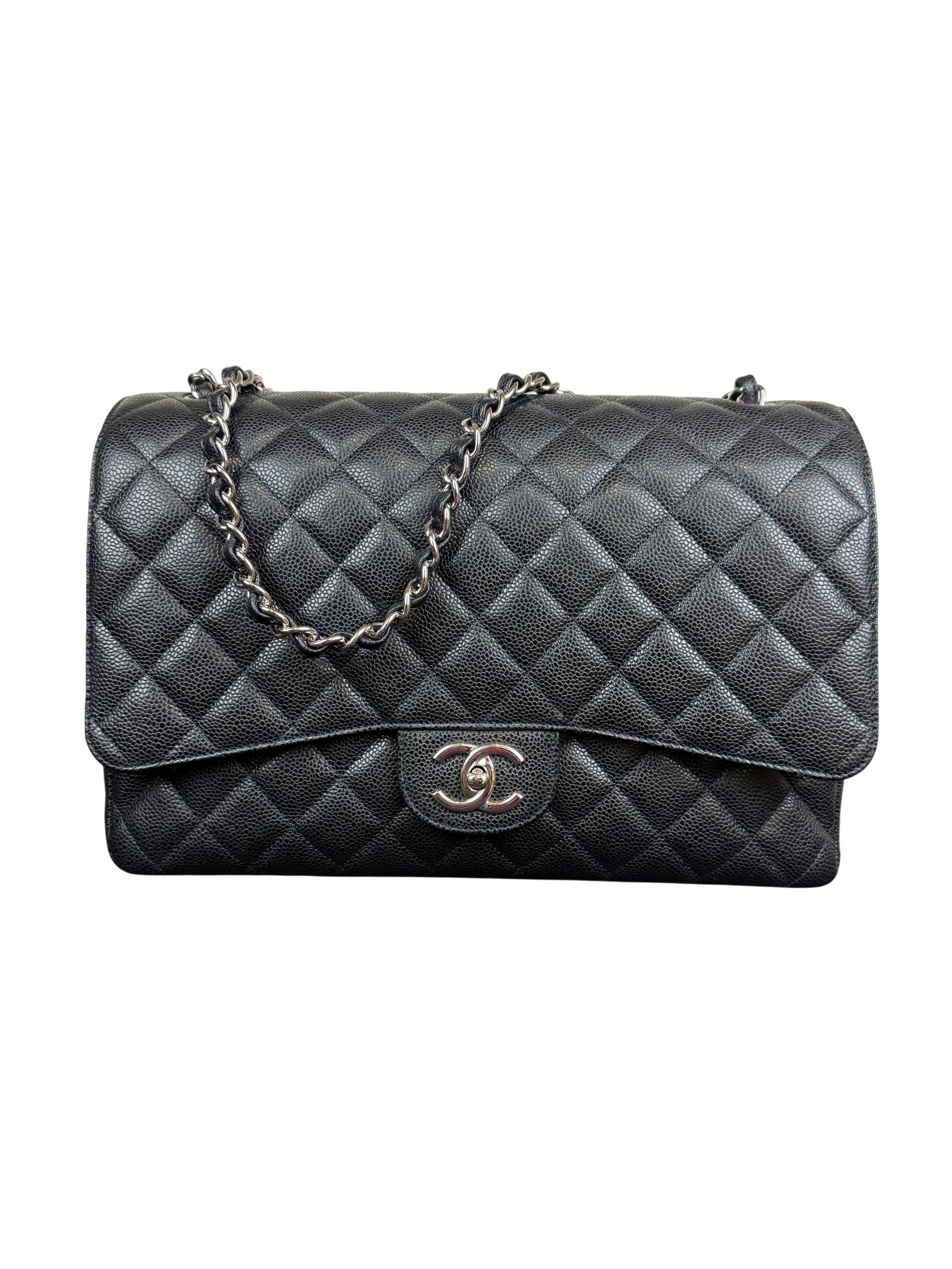 Chanel Classic Double Flap Jumbo Black Quilted Caviar Silver Hardware