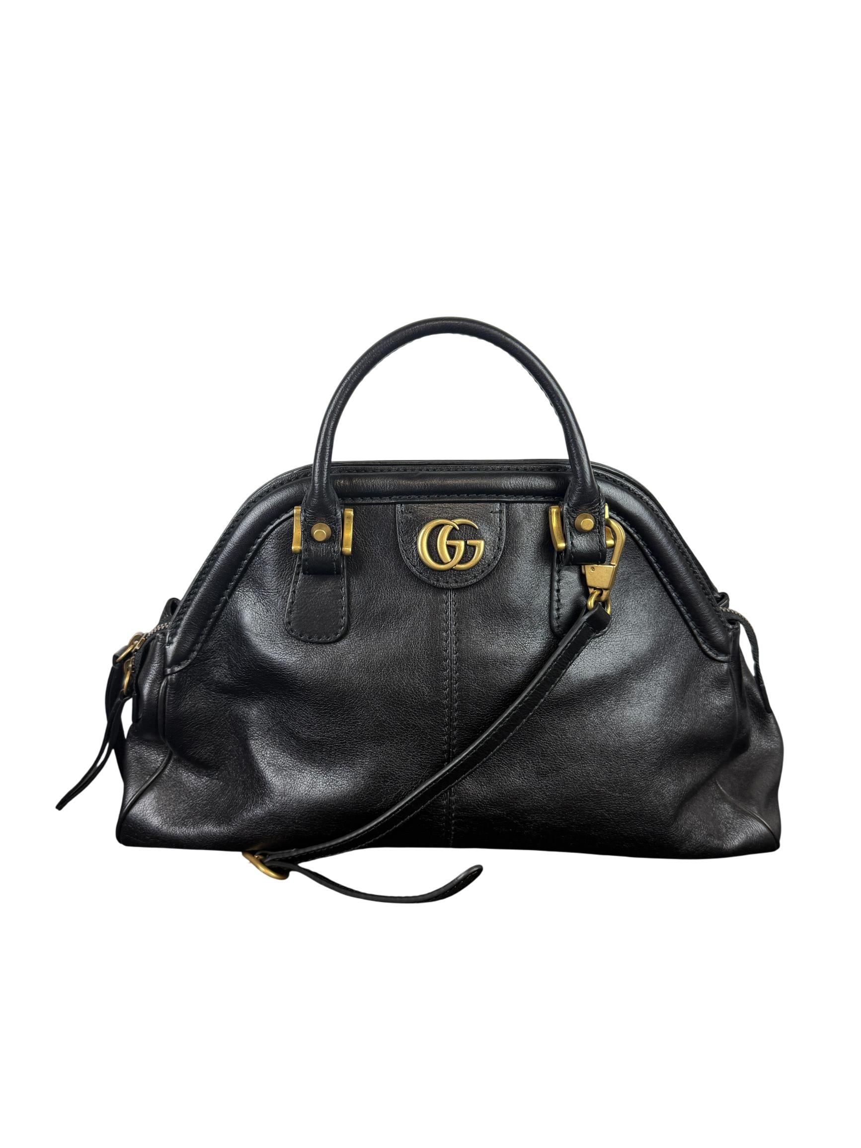 Gucci Re Belle Medium Top Handle Bag Black Leather with Gold Tiger Head Hardware