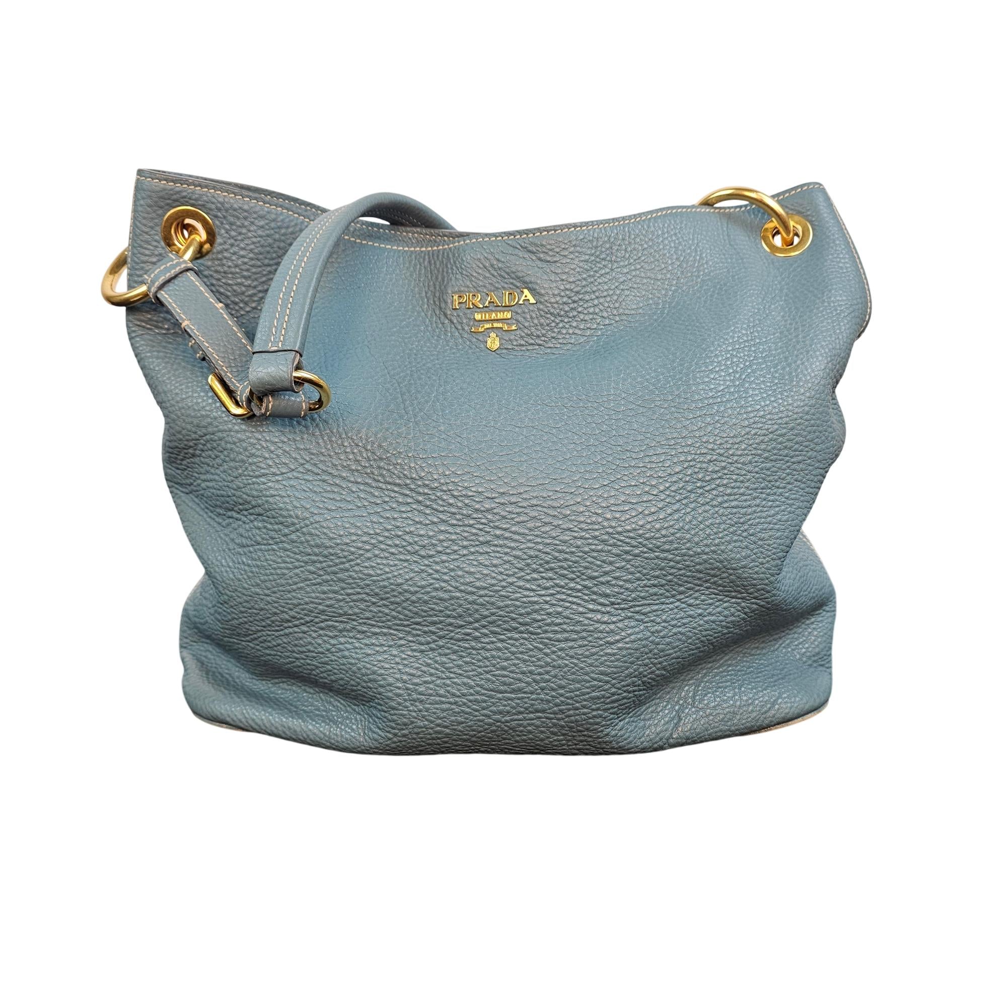 Prada Vitello Daino Hobo Bag Blue Leather Gold Hardware