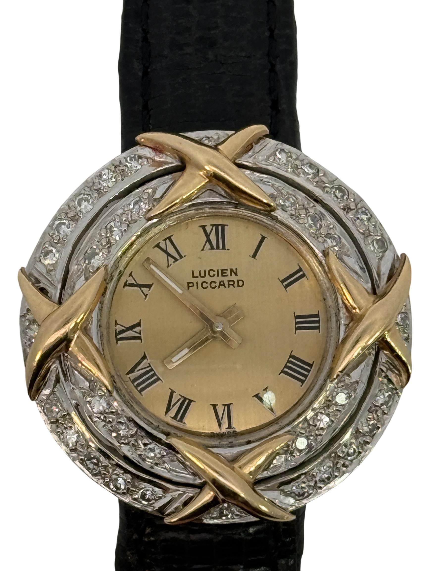 Lucien Piccard Black Crocodile-Embossed Genuine Leather Watch Strap with Gold Buckle C6062 27mm