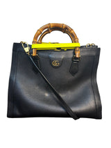 Gucci Diana Medium Black Leather Tote Bag with Bamboo Handle and Neon Yellow