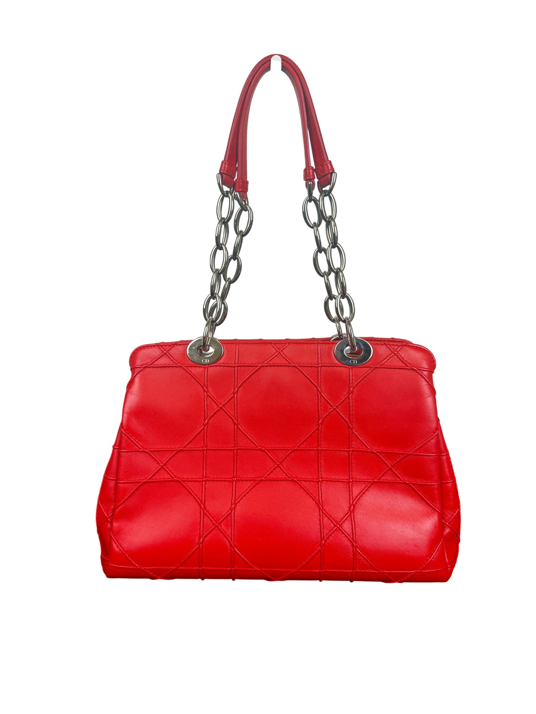 Dior Granville Red Cannage Quilted Leather Bag with Silver Chain Handle