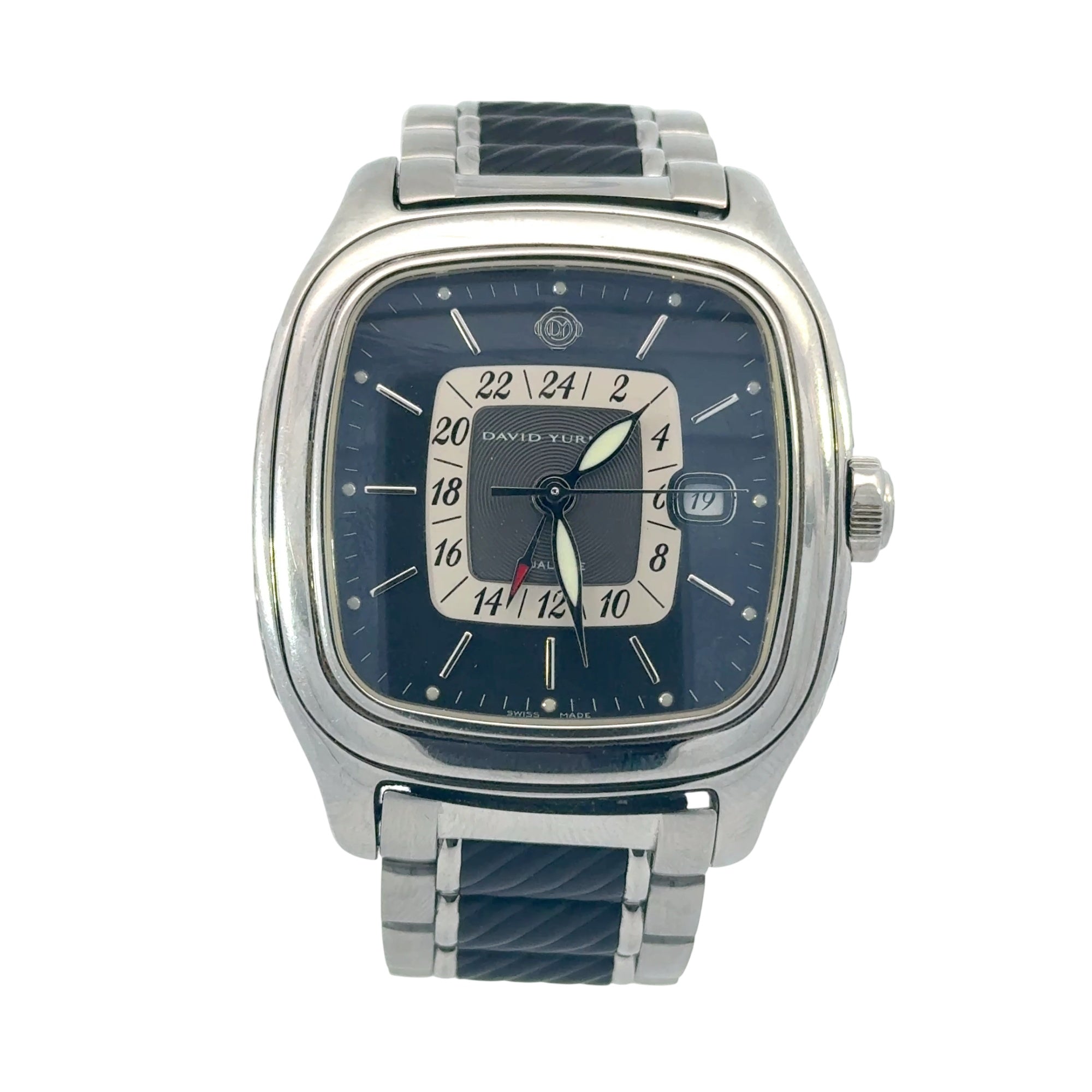 David Yurman Thoroughbred Dual Time GMT Watch Stainless Steel Black Dial T306-dst