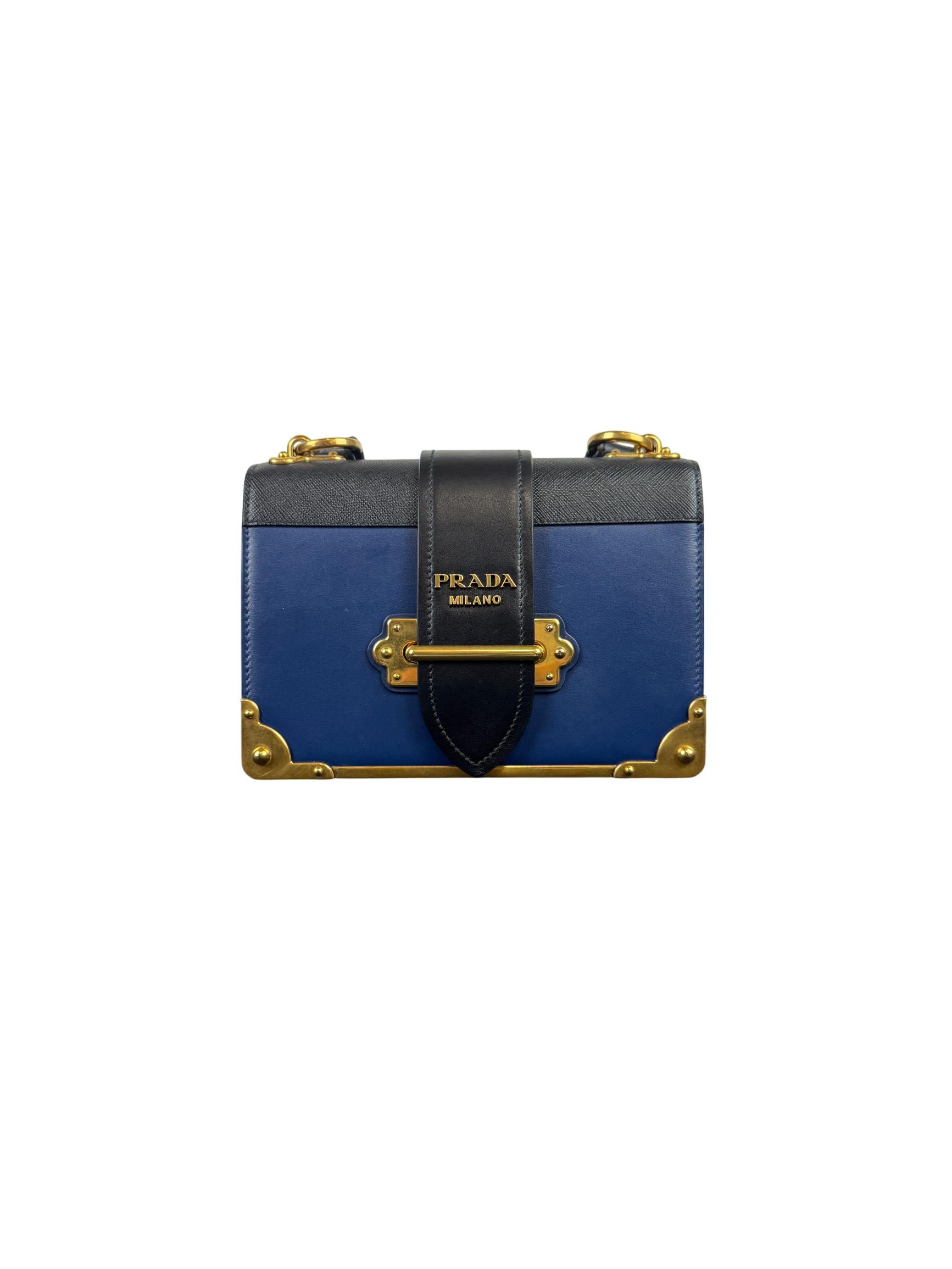 Prada Cahier Blue and Black Saffiano Leather Crossbody Bag