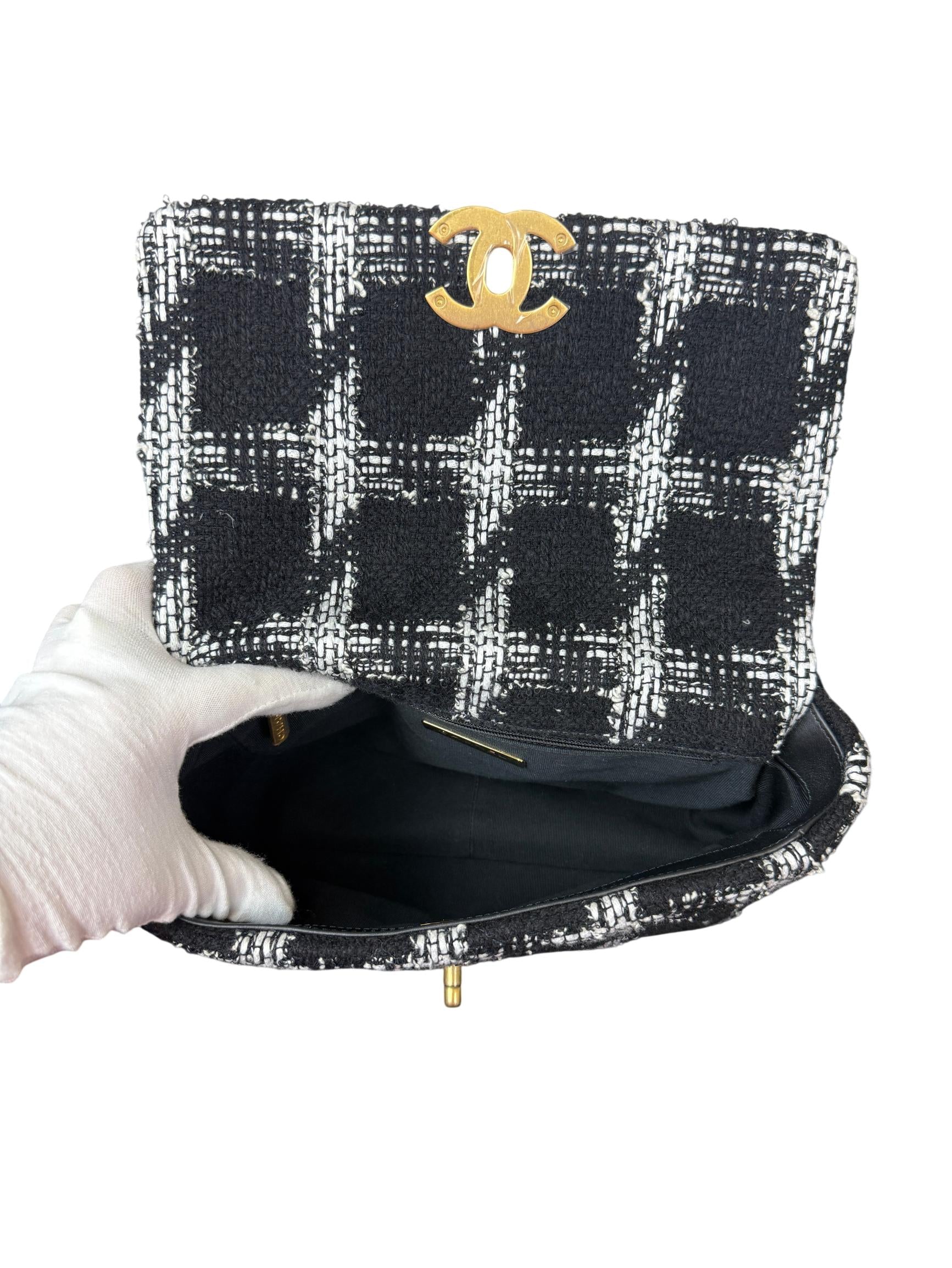 Chanel 19 Black and White Tweed Flap Bag with Mixed Metal Chain
