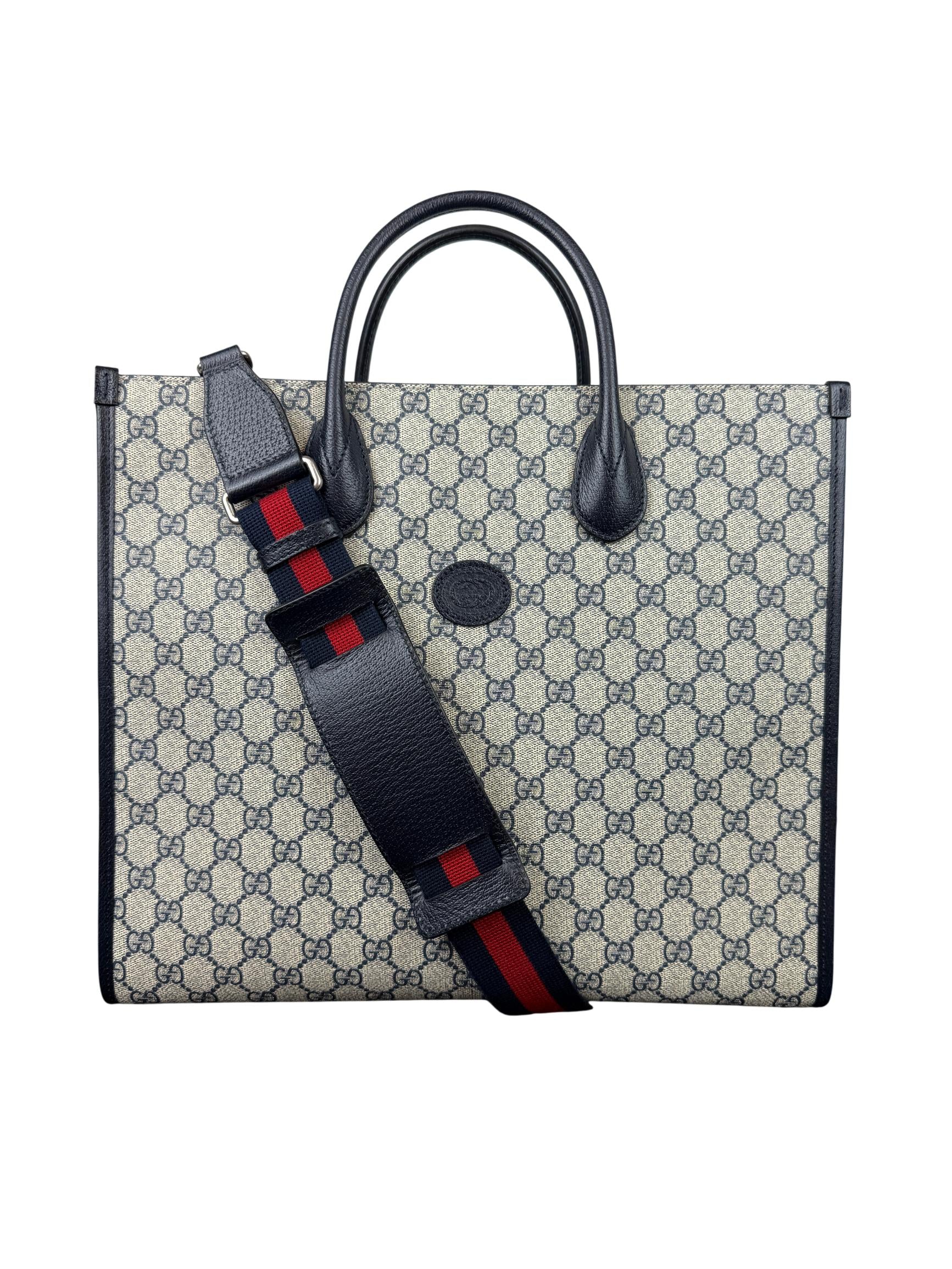 Gucci GG Supreme Canvas Medium Tote Bag Navy Blue Leather