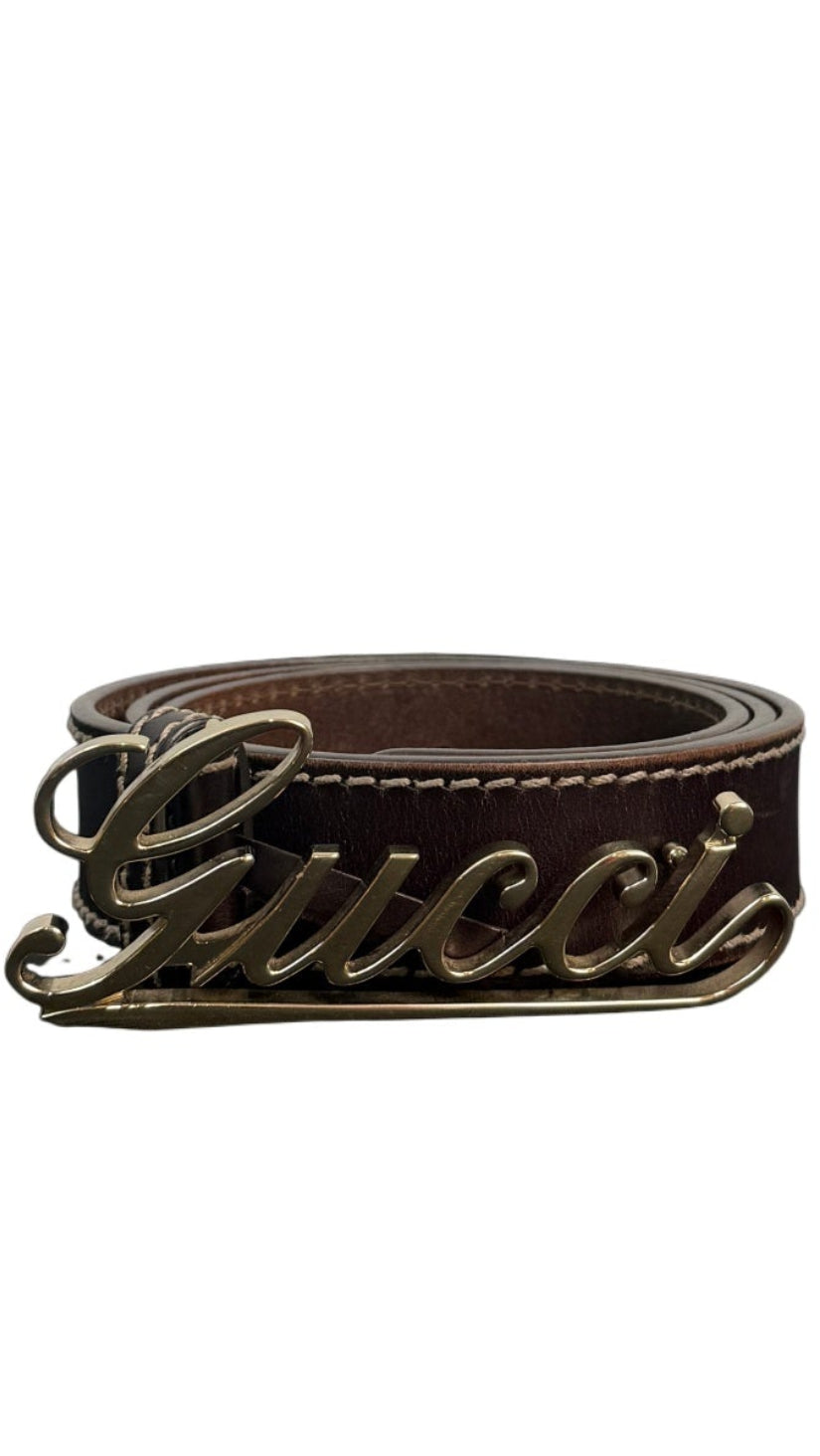 Gucci Leather Belt with Gold Script Logo Buckle