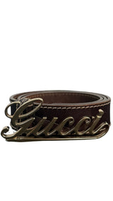 Gucci Leather Belt with Gold Script Logo Buckle