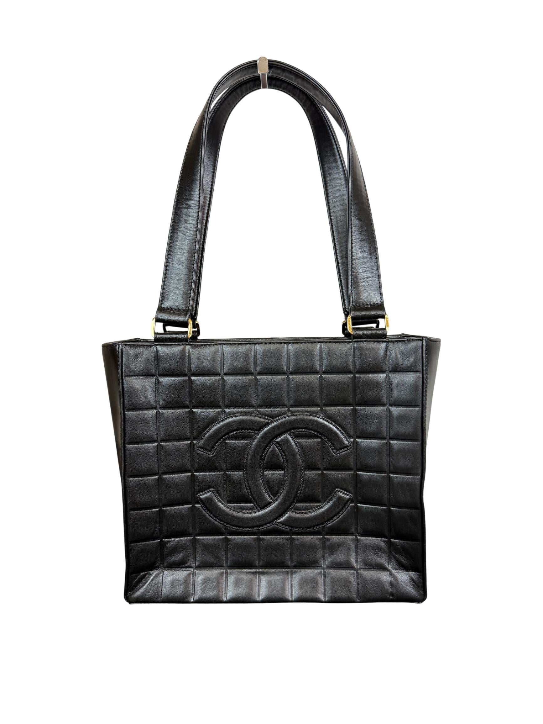 Chanel Chocolate Bar CC Tote Quilted Black Lambskin Leather Shoulder Bag