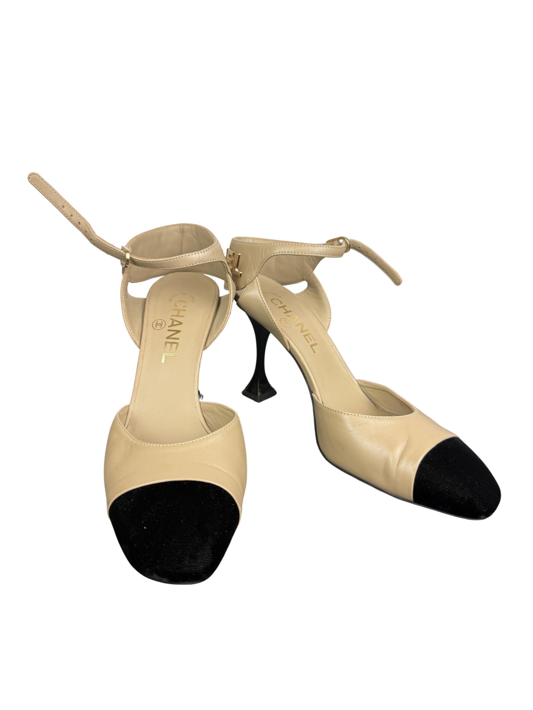 Chanel Beige & Black Leather Cap-Toe Slingback Heels with Gold Logo