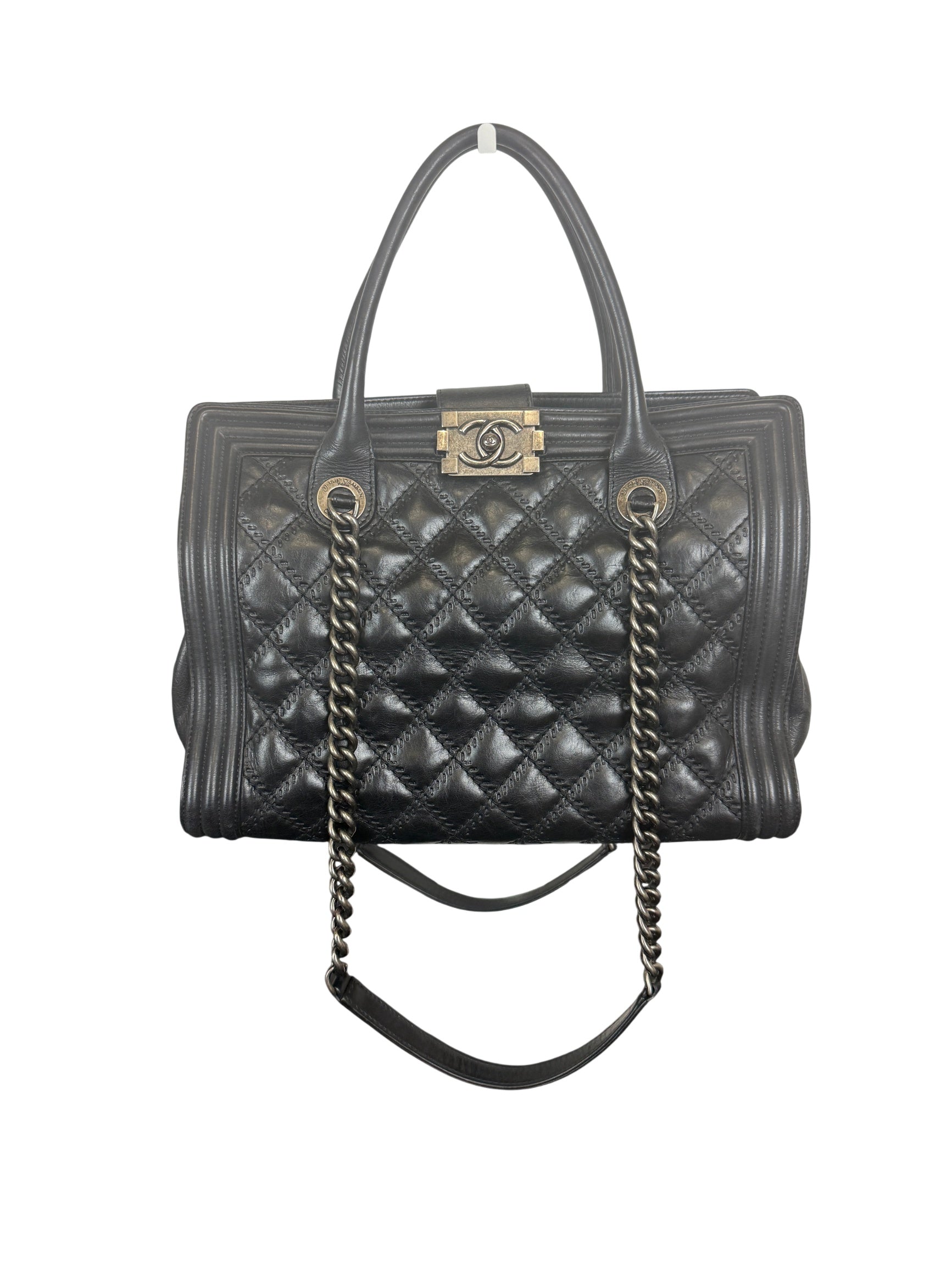 Chanel Boy Tote Bag Black Quilted Calfskin with Chain Straps
