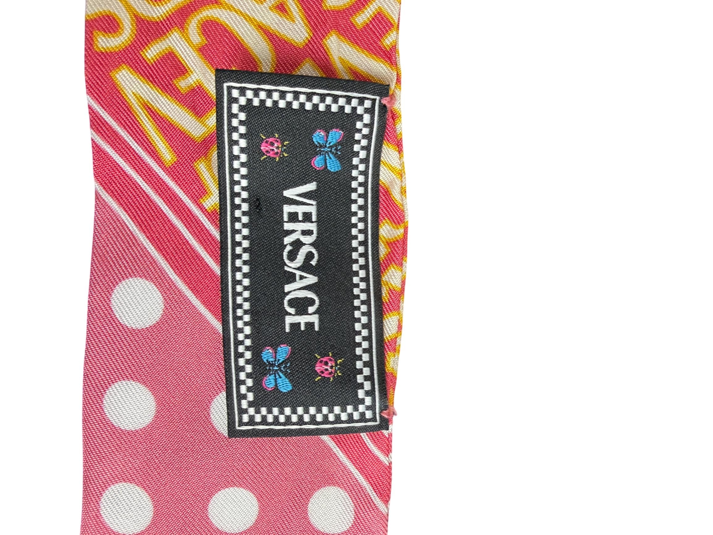 Versace Pink and Yellow Silk Twilly Scarf with White Polka Dot Ends