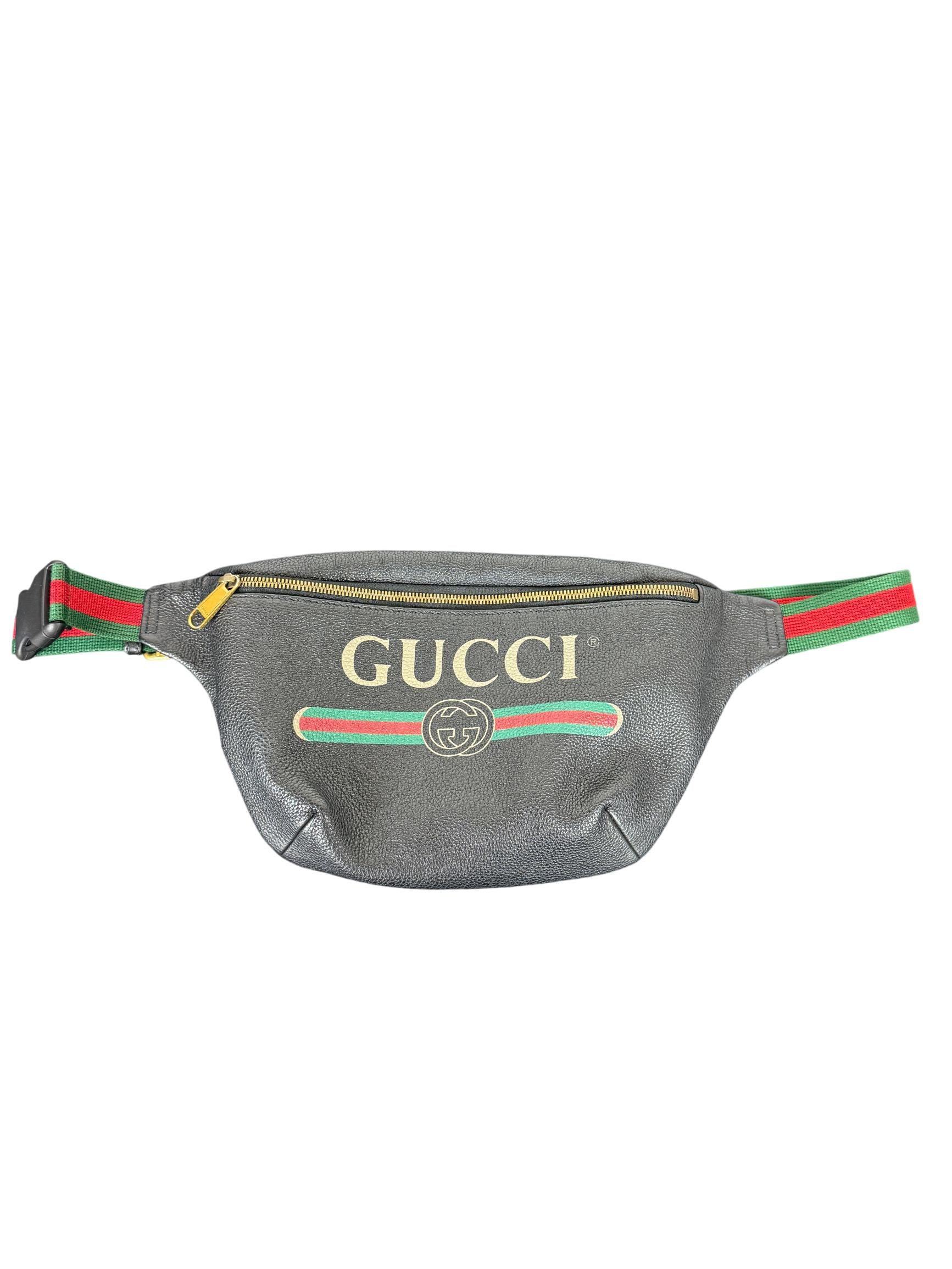 Gucci Black Leather Logo Belt Bag with Web Stripe