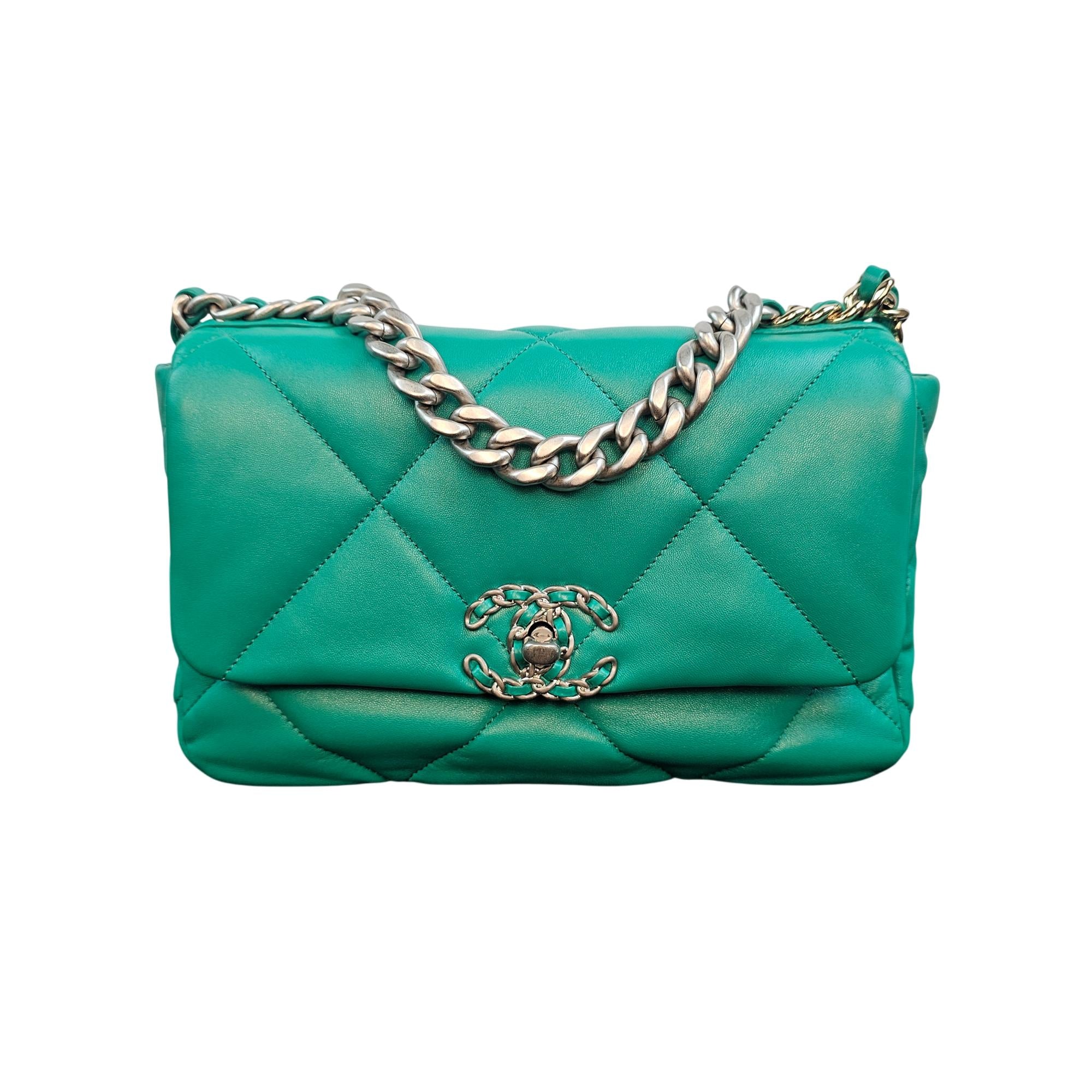 Chanel 19 Green Lambskin Small Flap Bag with Multi-Tone Chain
