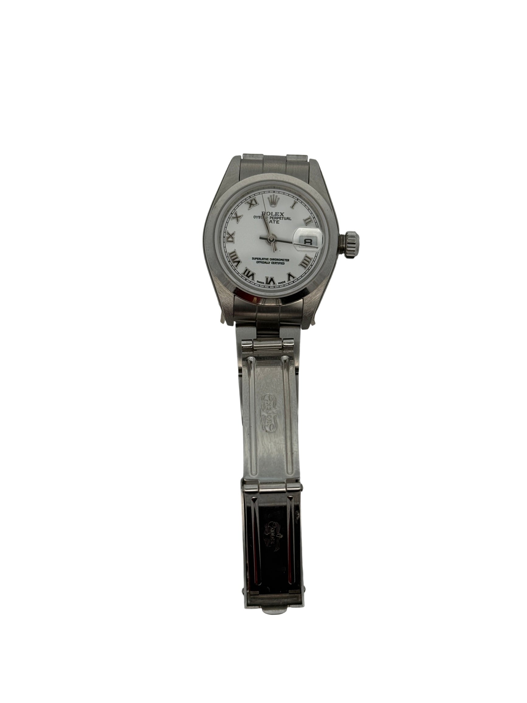Rolex Oyster Perpetual Date 26 MM Silver Roman Dial Watch Stainless Steel White Dial