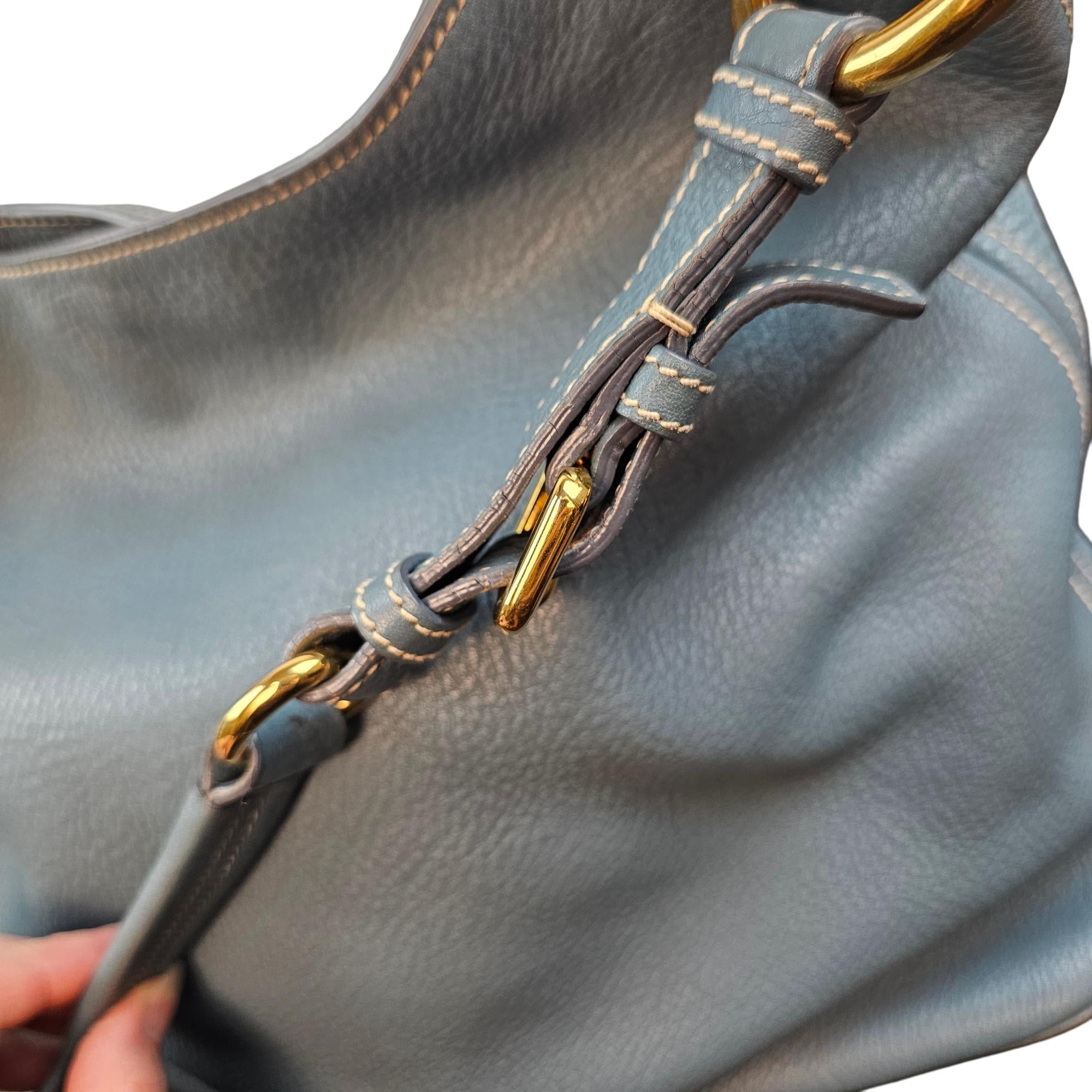 Prada Vitello Daino Hobo Bag Blue Leather Gold Hardware