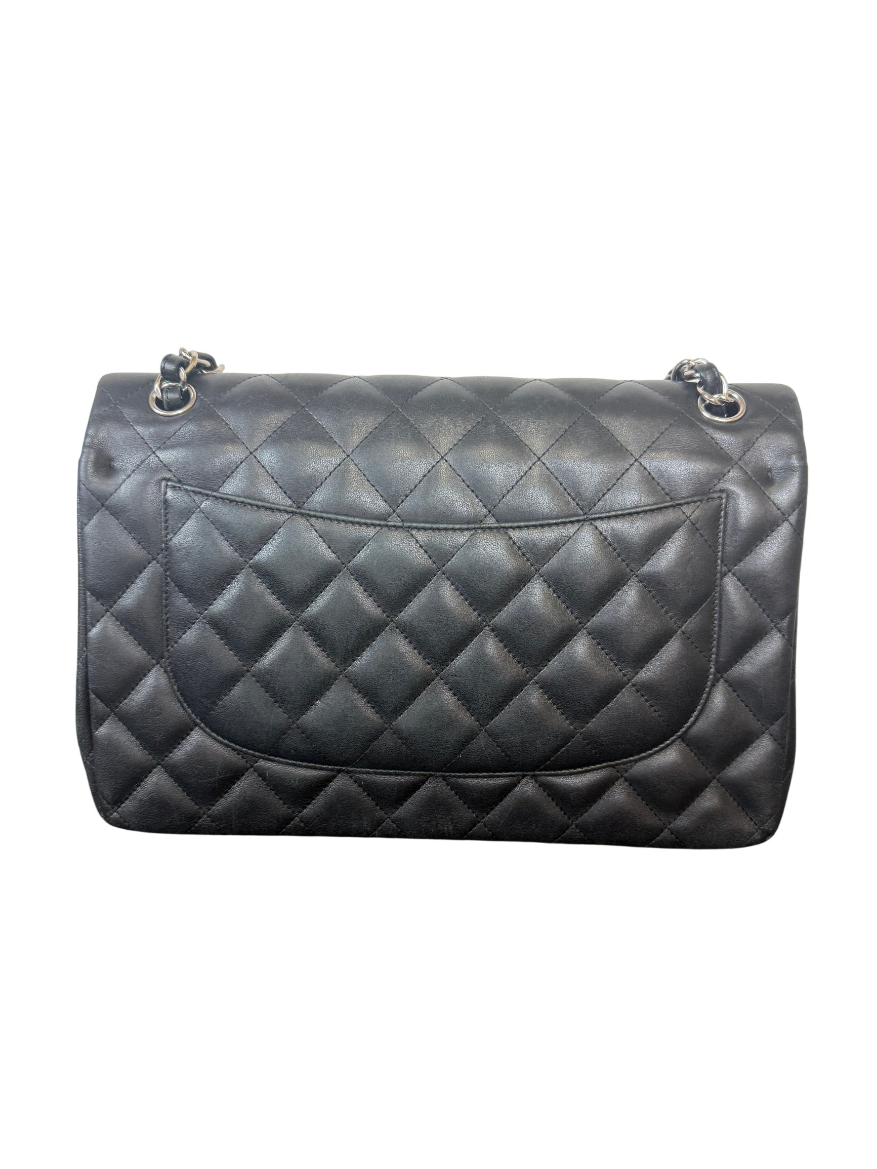 Chanel Black Quilted Jumbo Double Flap Bag with Silver Chain