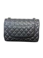 Chanel Black Quilted Jumbo Double Flap Bag with Silver Chain