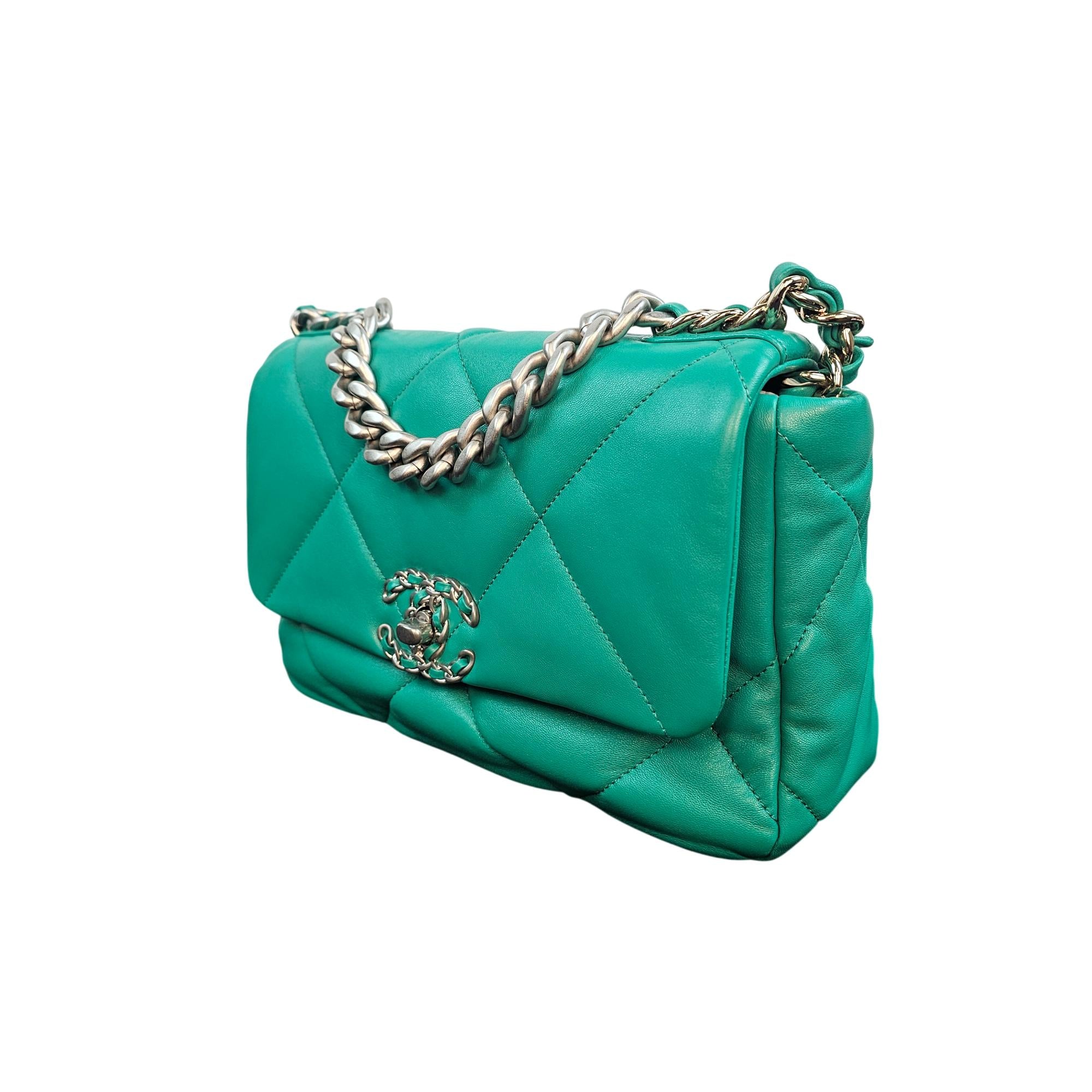 Chanel 19 Green Lambskin Small Flap Bag with Multi-Tone Chain