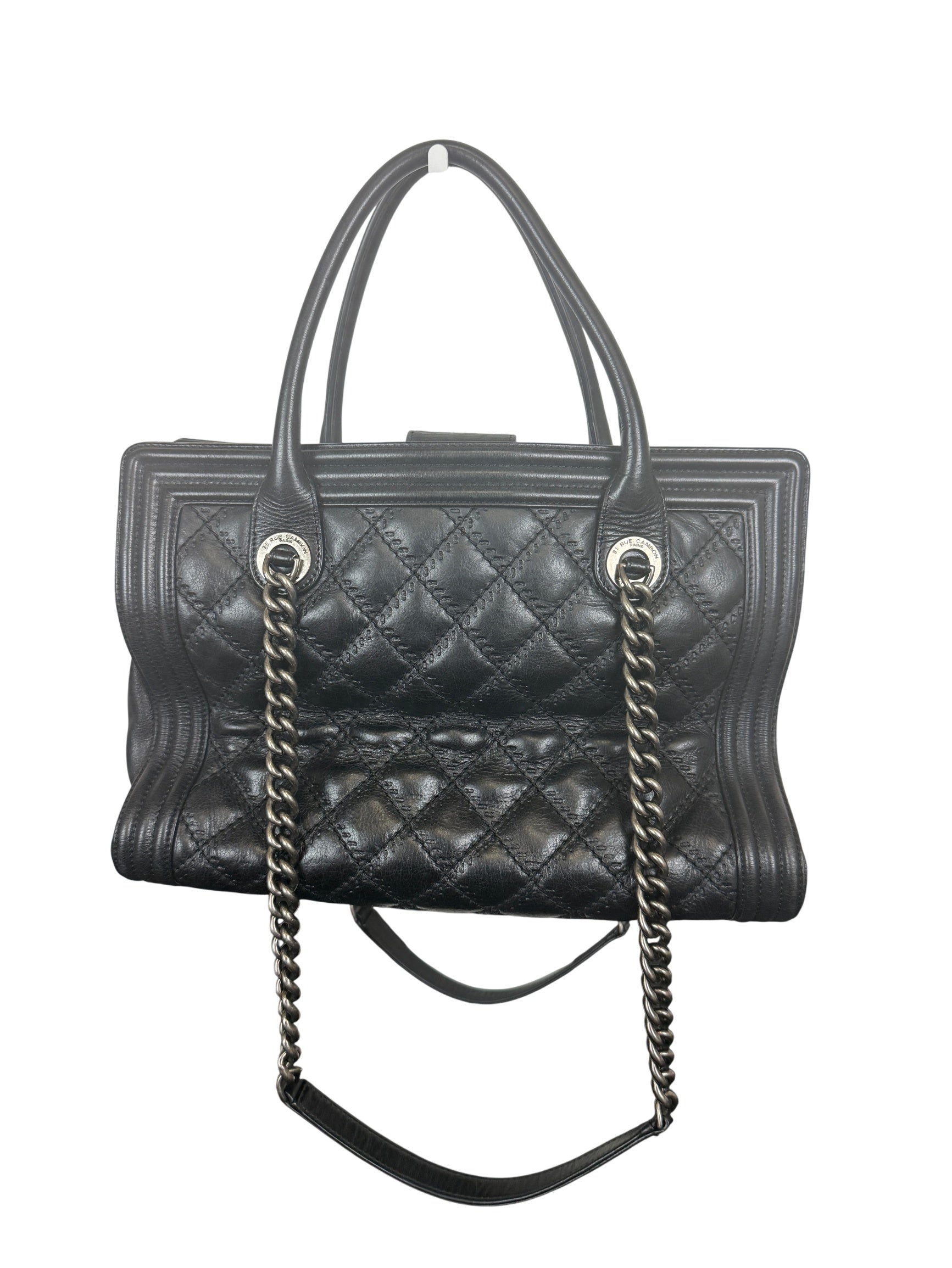 Chanel Boy Tote Bag Black Quilted Calfskin with Chain Straps