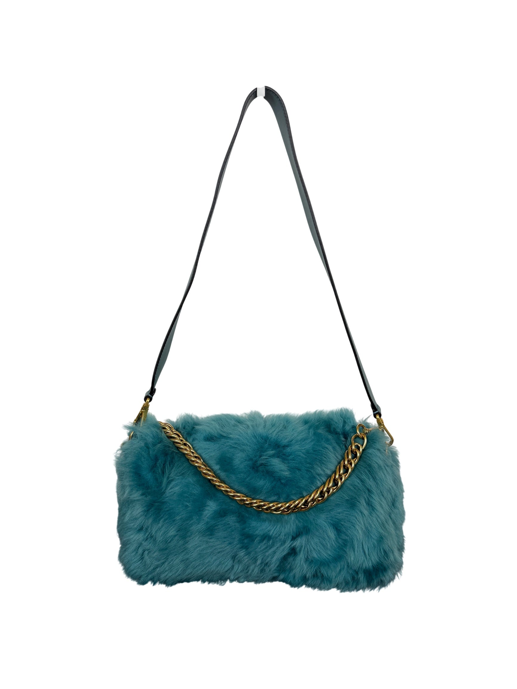 Fendi Baguette Large Shearling Shoulder Bag Blue with Gold Chain