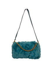 Fendi Baguette Large Shearling Shoulder Bag Blue with Gold Chain