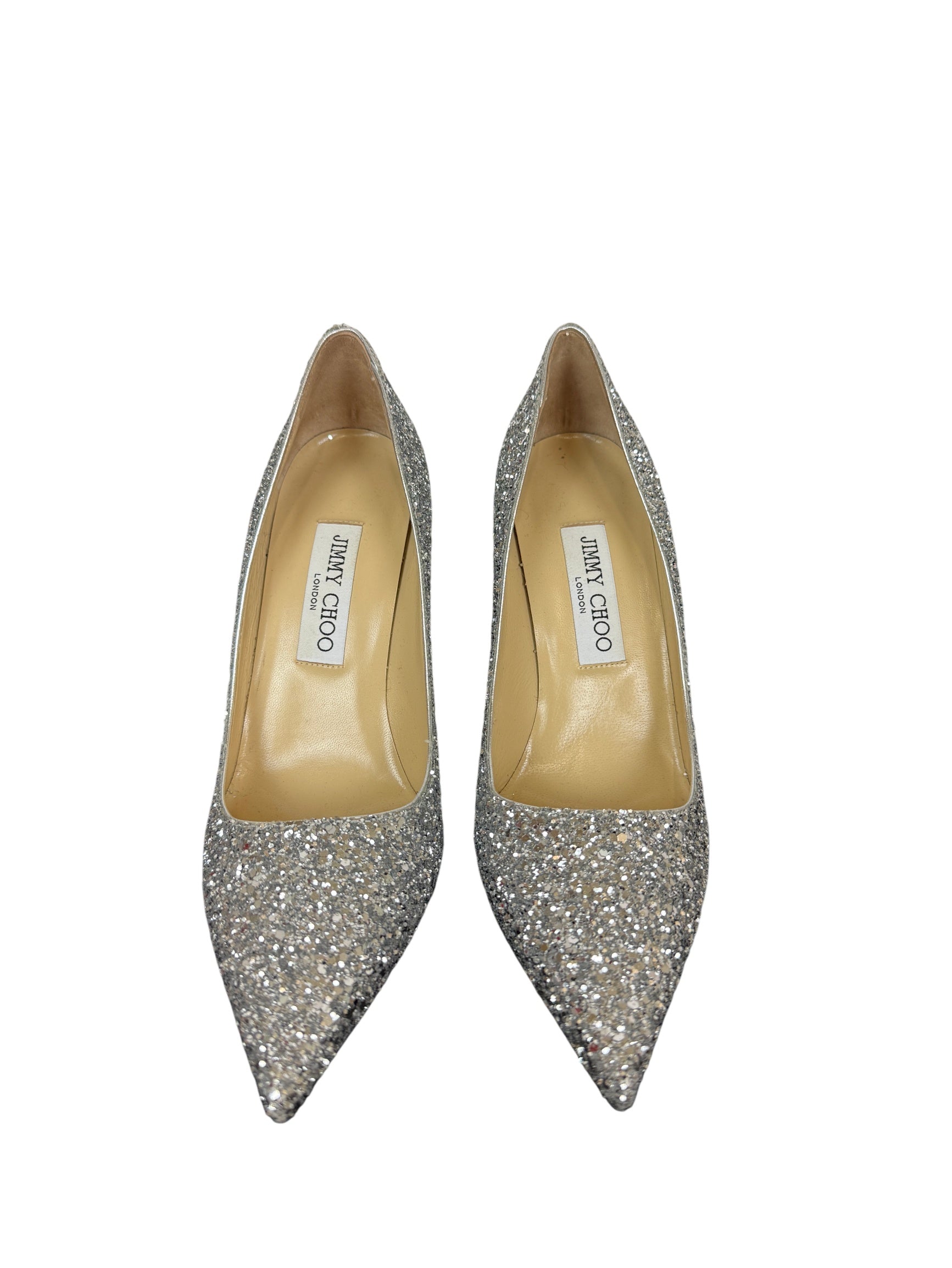 Jimmy Choo Romy Silver Glitter High Heeled Pumps