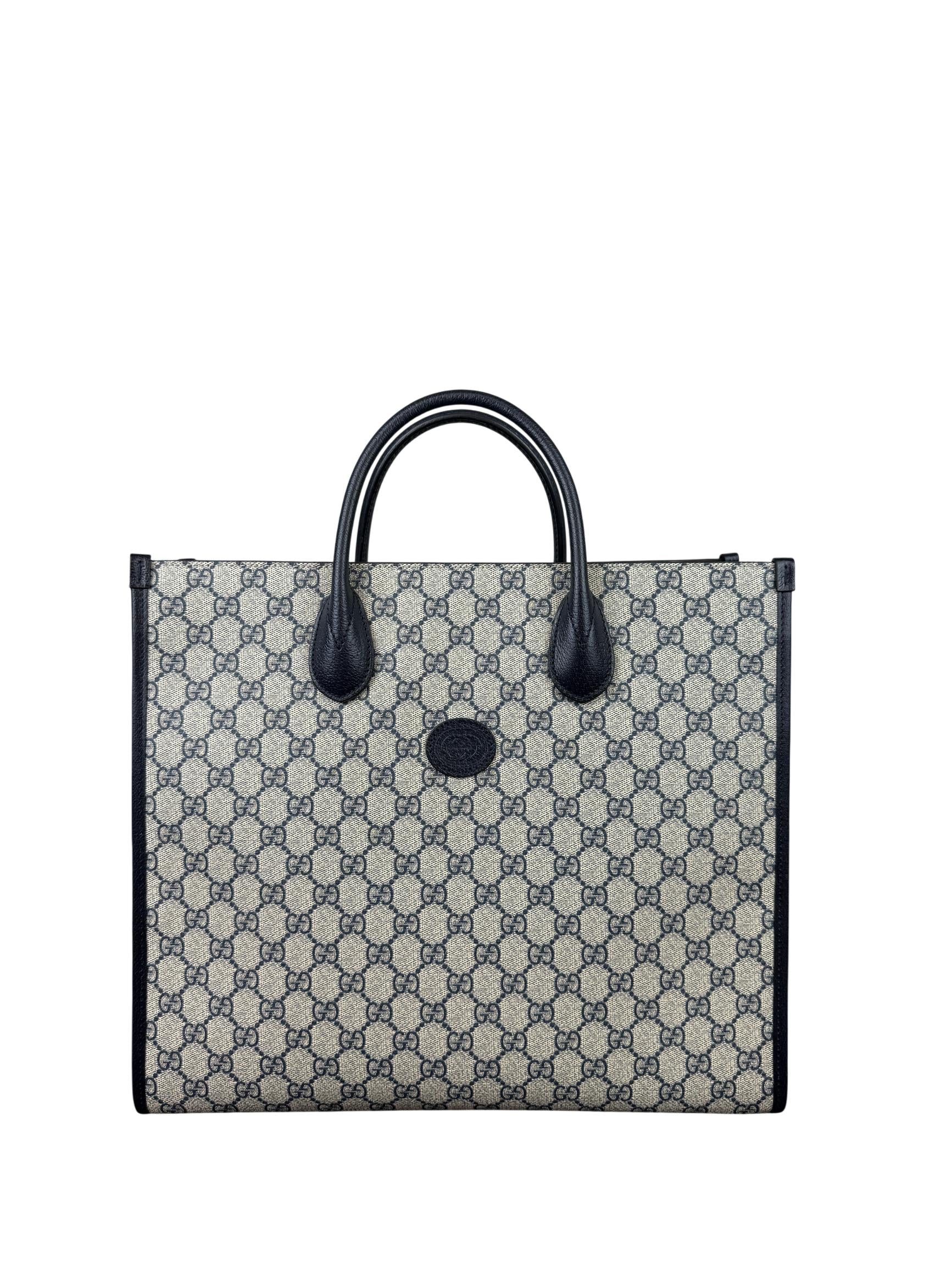 Gucci GG Supreme Canvas Medium Tote Bag Navy Blue Leather