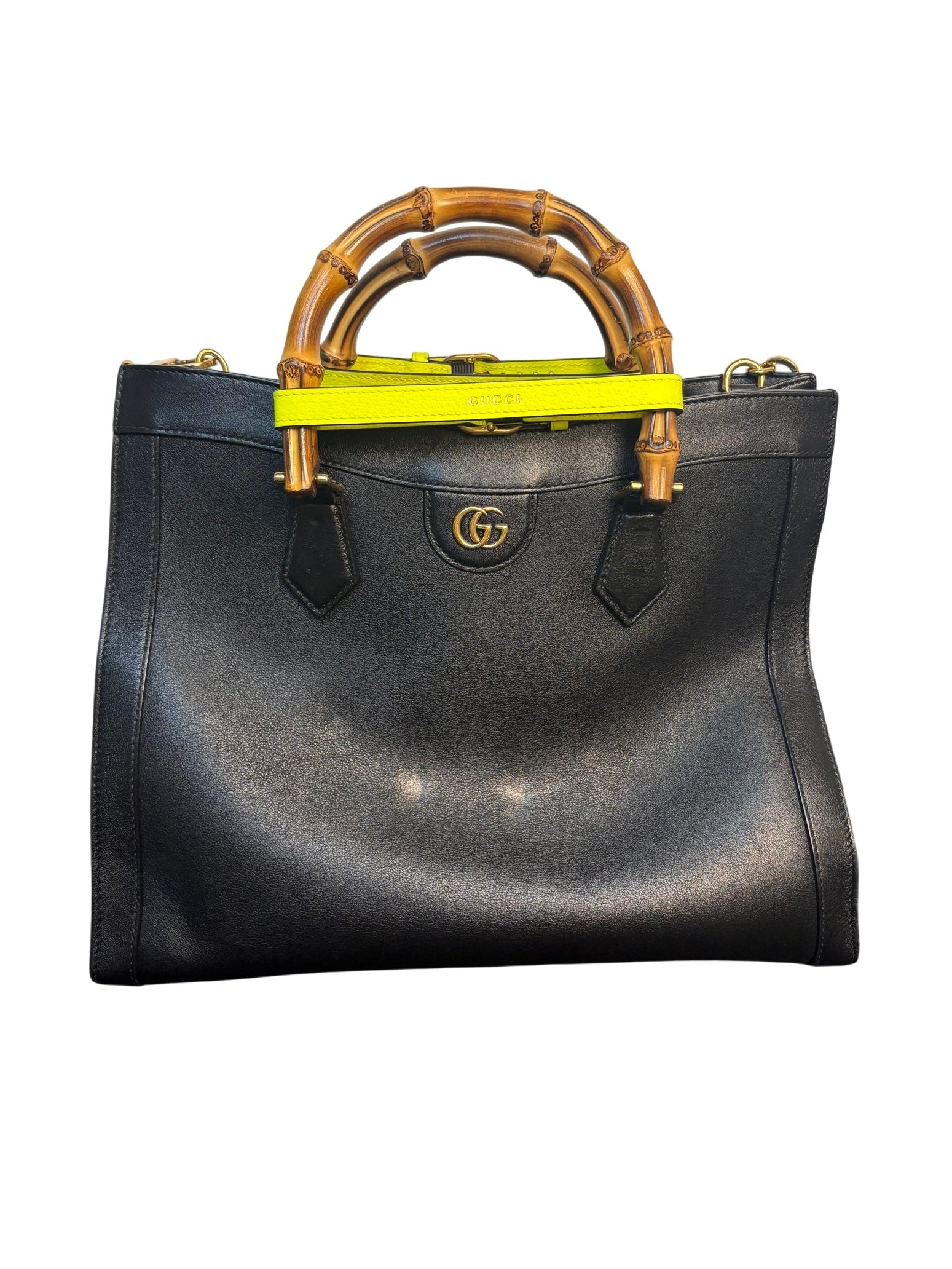 Gucci Diana Medium Black Leather Tote Bag with Bamboo Handle and Neon Yellow